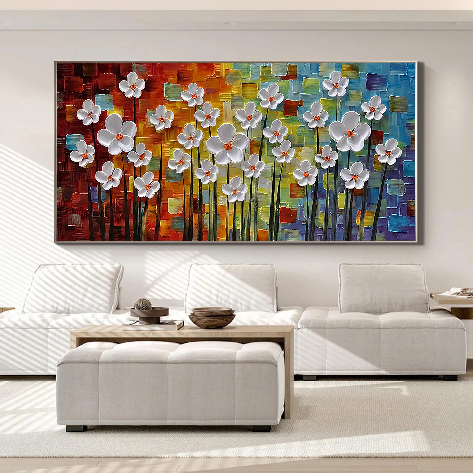 RAINBOW BLOOM: Panoramic 3D Heavy Texture Floral Wall Art, Vibrant Mosaic Background Relief