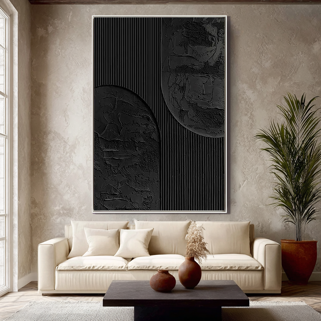 Midnight Silence – Hand-Painted Pure Black Plaster Effect Geometric Relief Wabi-Sabi Painting | Japandi Wabi-Sabi Living Room & Bedroom Art