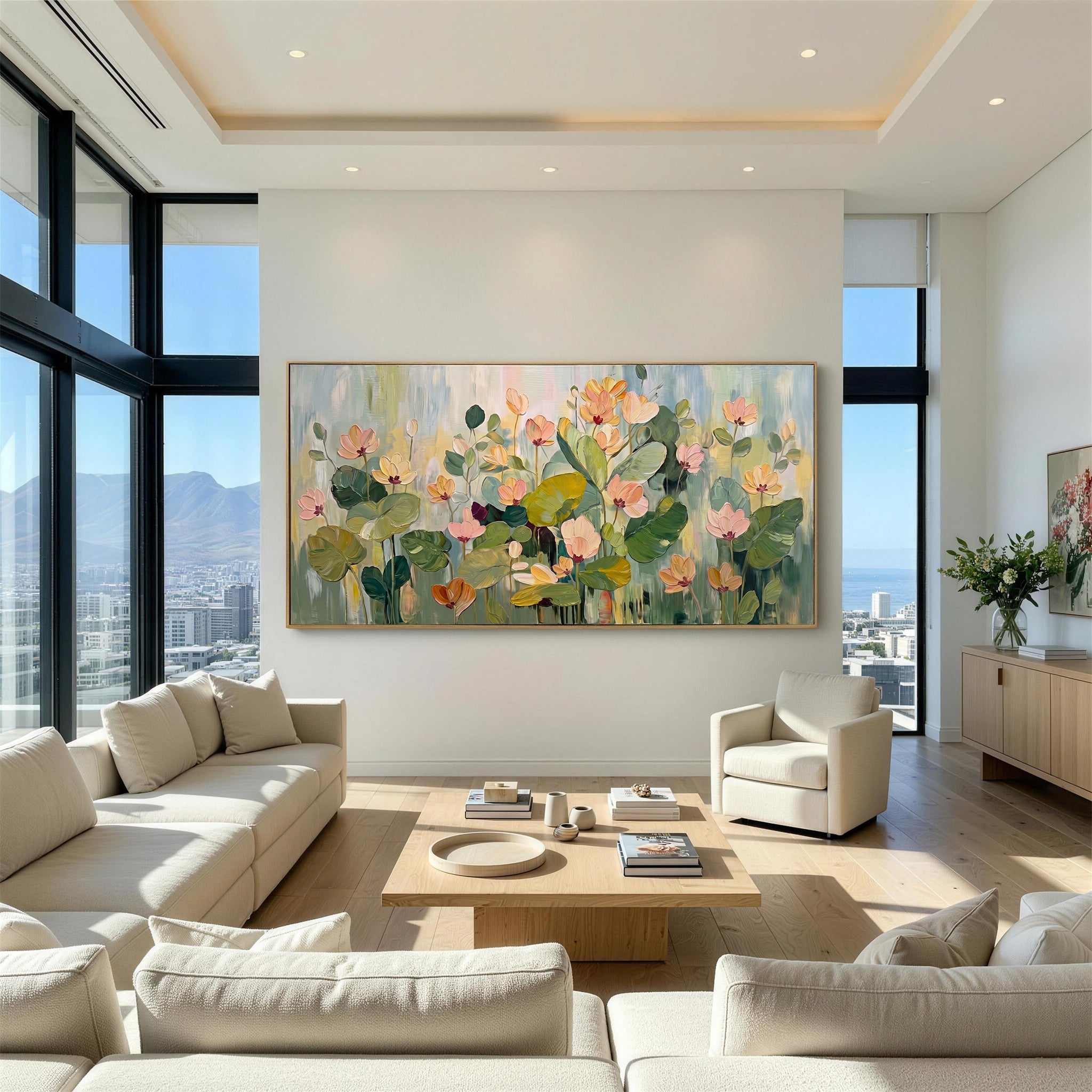 Endless Bloom – Modern Hand-Painted Horizontal Floral Oil Painting | Minimalist Living Room Wall Decor