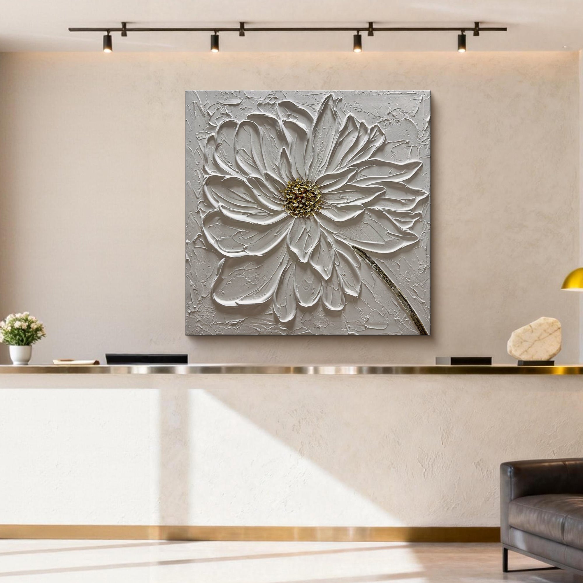 Floral Zenith – Heavy Impasto White Petal Relief Floral Painting | Contemporary Botanical Bedroom & Living Room Art
