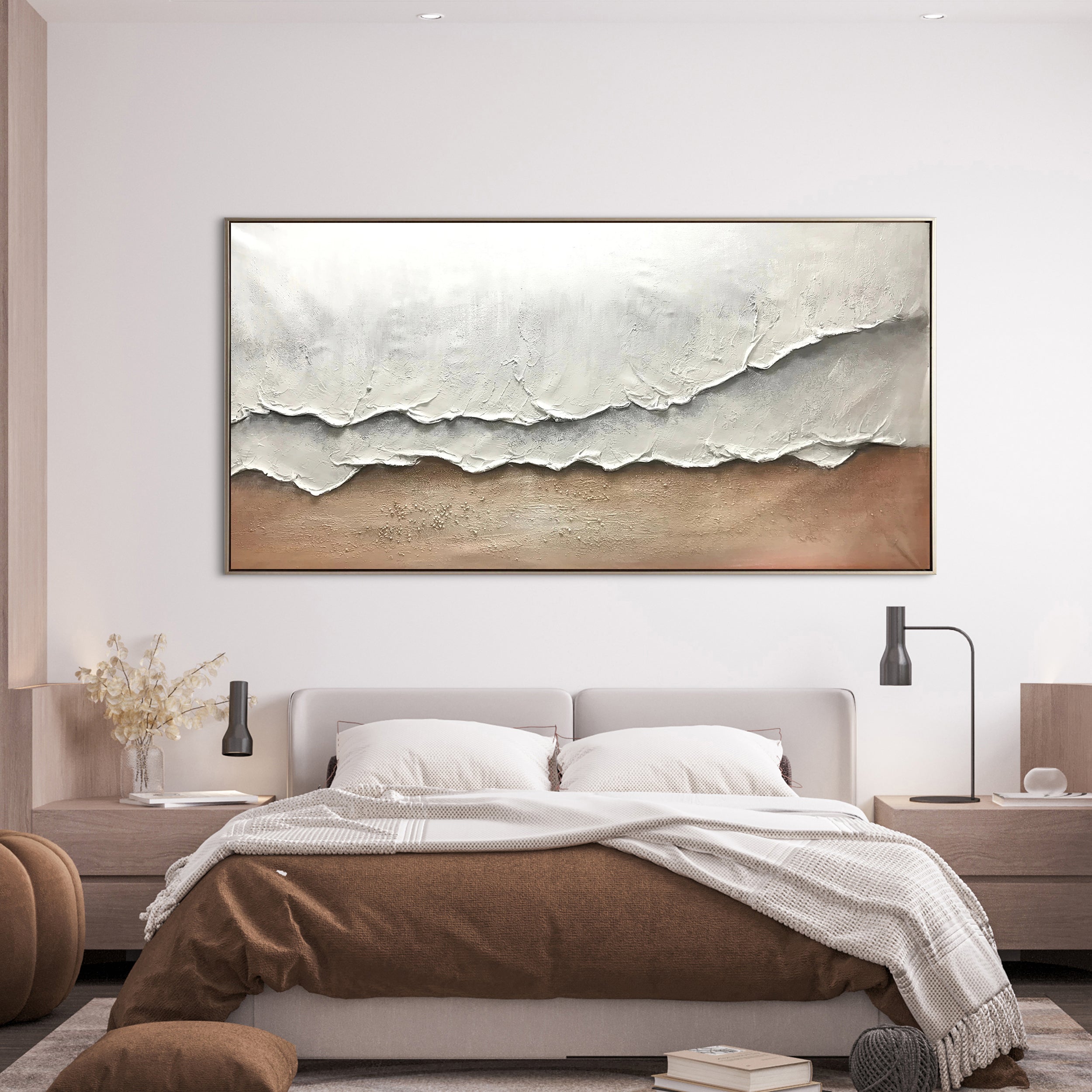 Whispering Sands – Modern Minimalist Creamy Ocean Wave Painting | Wabi-Sabi Textured Living Room Art