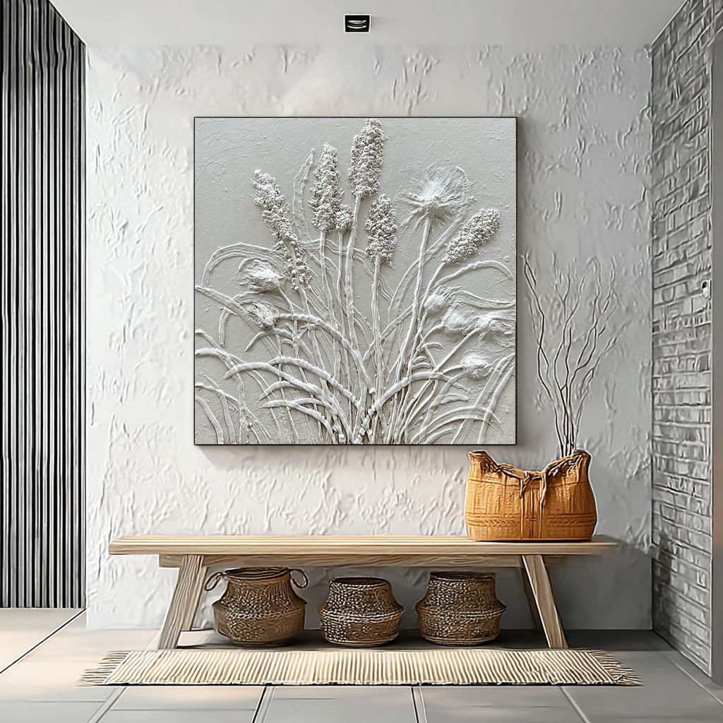 Lavender Breeze – White Plaster Botanical Relief Texture Painting | Contemporary Botanical Bedroom & Living Room Art