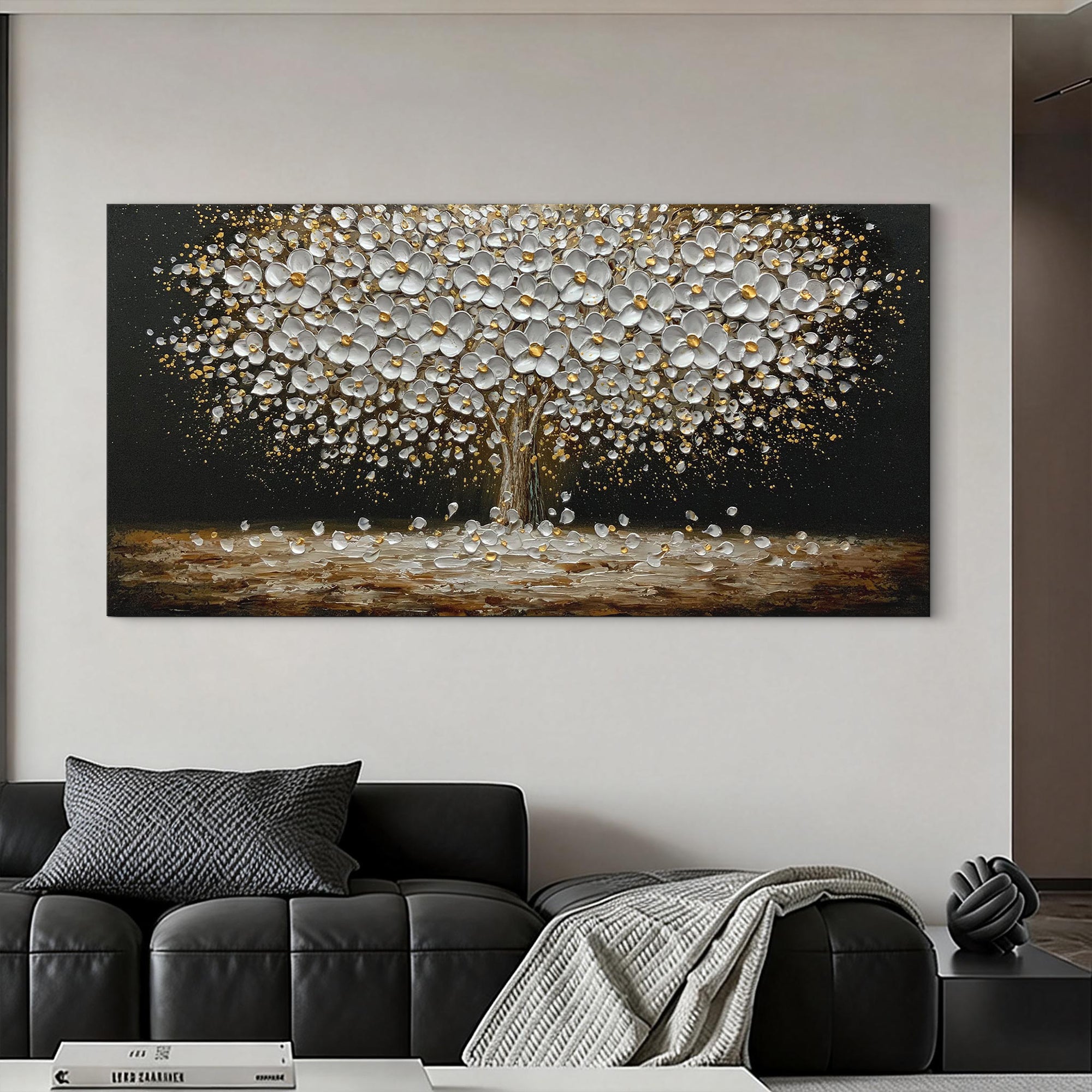 Golden Glow – Black and Gold Flower Tree Floral Painting | Modern Luxury Botanical Bedroom & Living Room Art