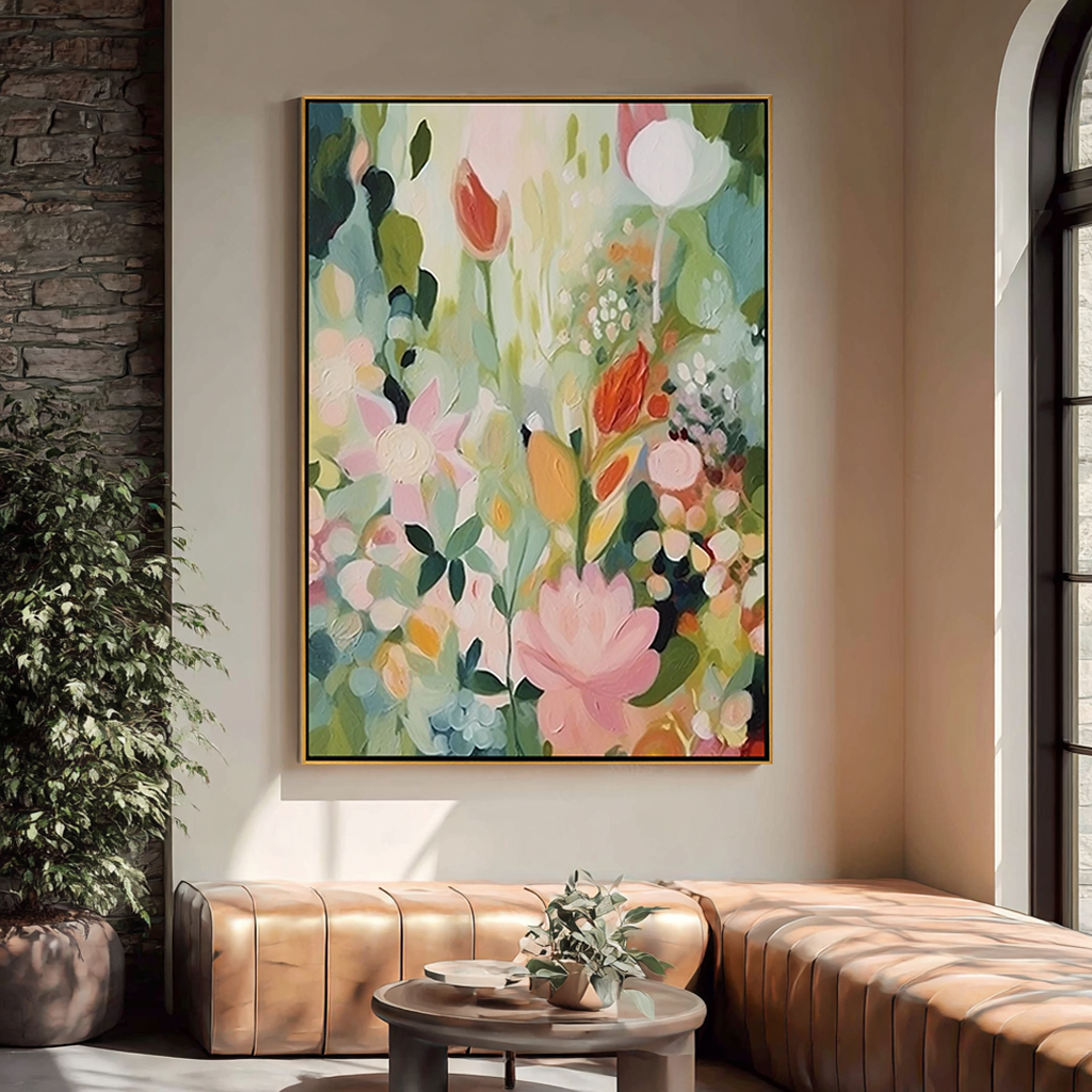 PASTEL GARDEN: Floral Wall Art, Hand-Painted Modern Abstract Wildflower Field Thick Textured Gallery Art