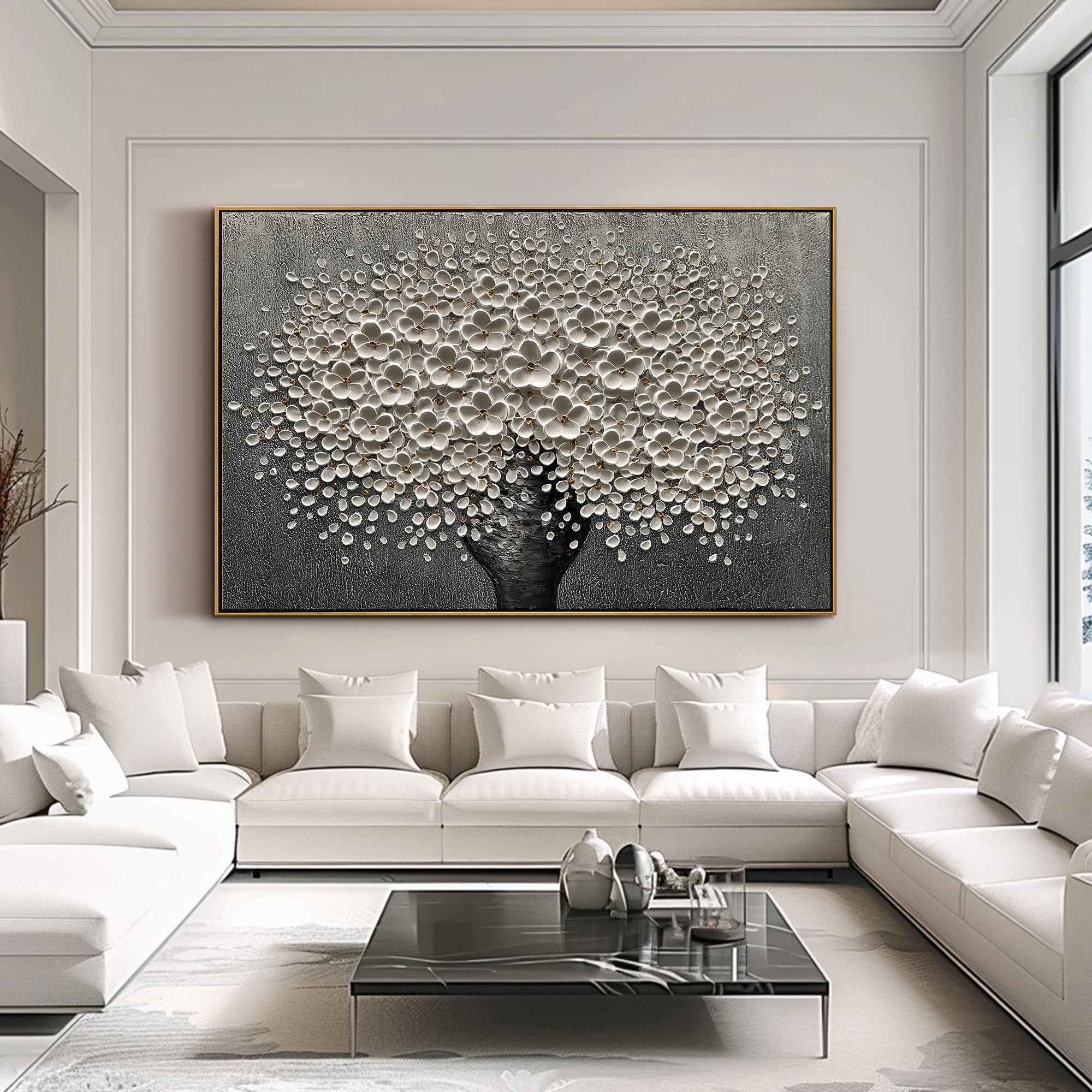 Stellar Abundance – Modern Heavy Impasto Floral Vase Painting | Luxury Horizontal Living Room Art