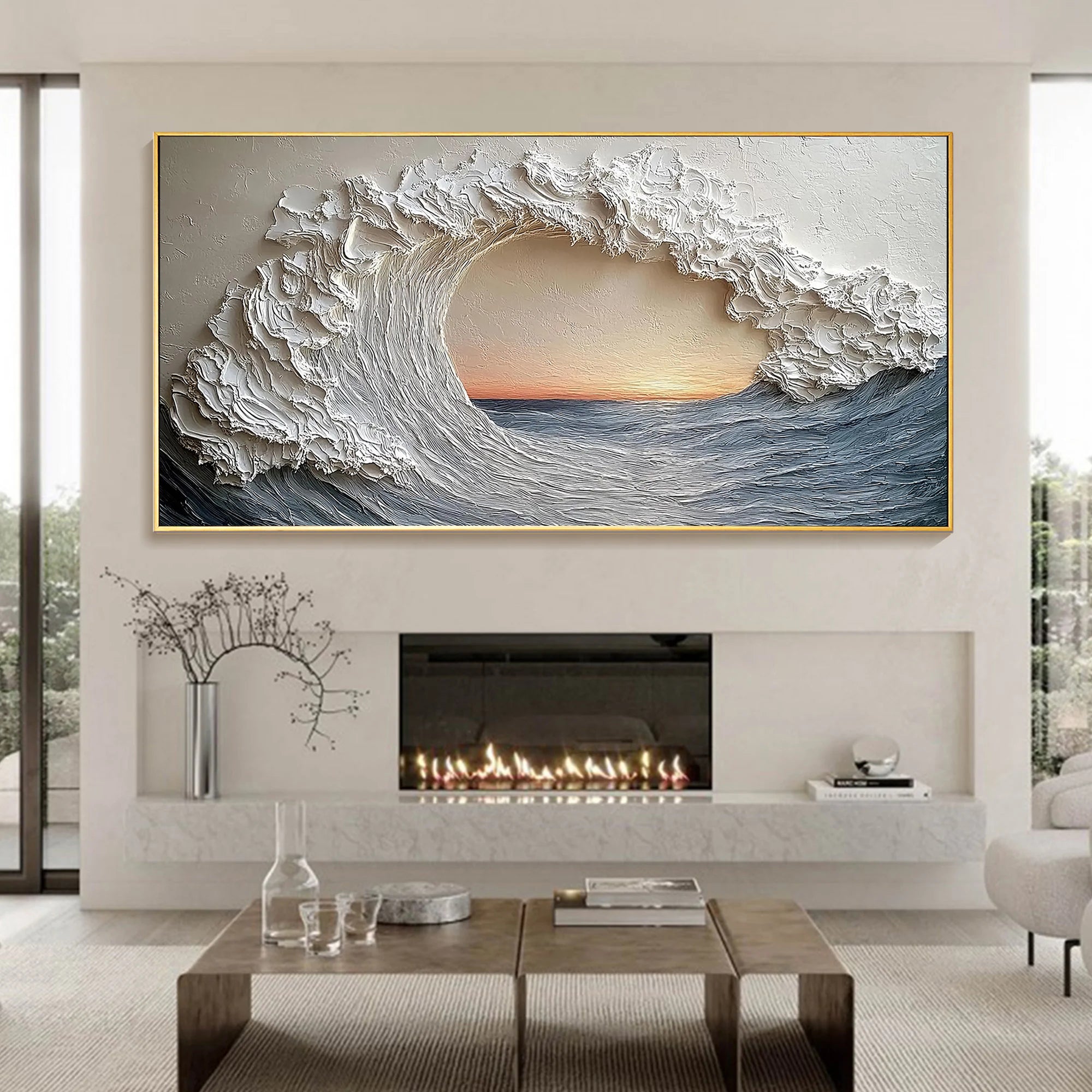 The Ocean Eye – Modern Luxury Crashing Wave Textured Painting | Panoramic Impasto Living Room Art