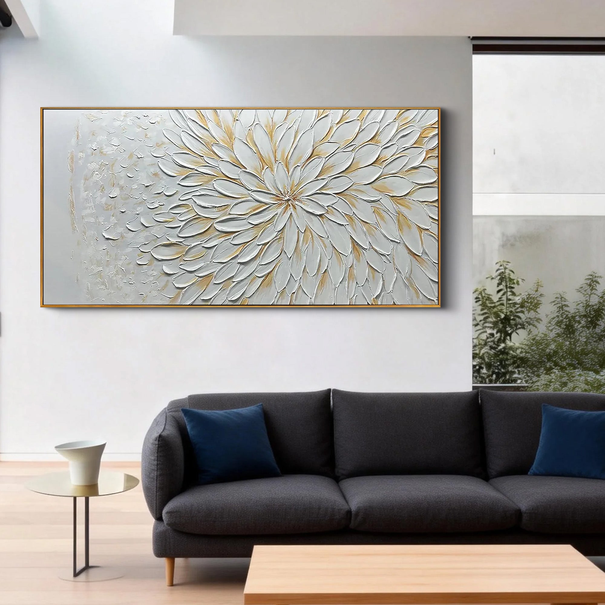 Eternal Radiance – 3D Impasto White Sunburst Heavy Texture Hand-Painted Floral Painting | Contemporary Botanical Bedroom & Living Room Art