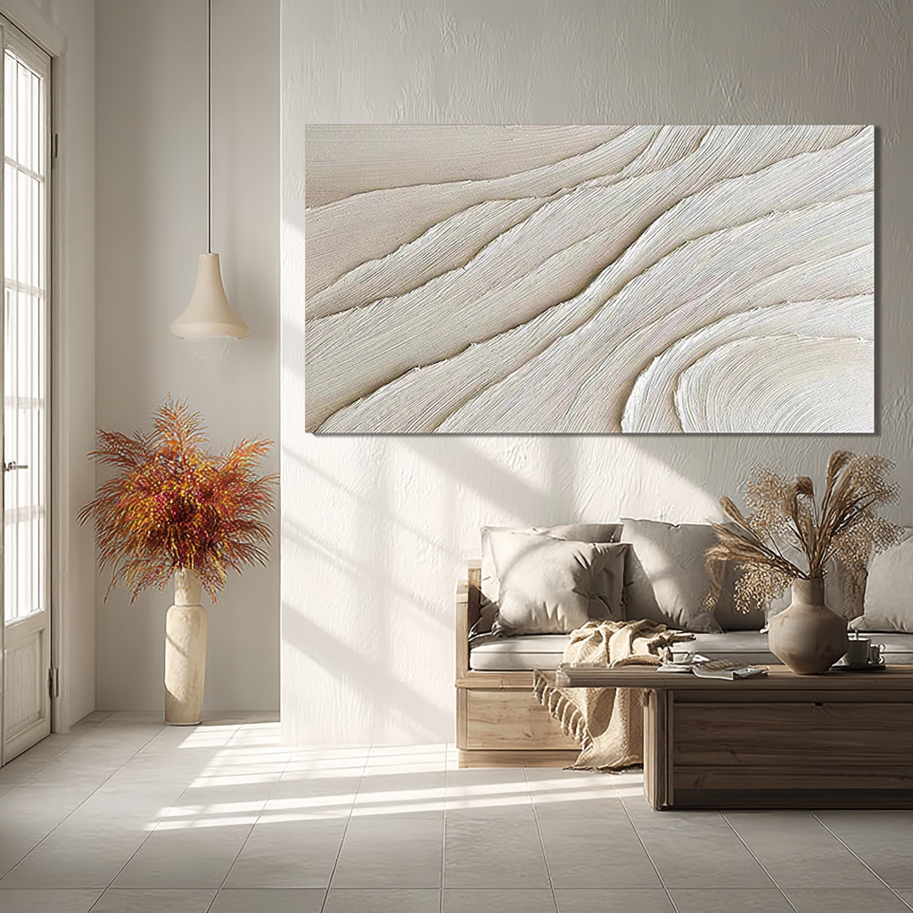 SILK STRATA: Minimalist Wall Art, Hand-Painted Horizontal Off-White Layered Plaster Relief 3D Textured Gallery Art