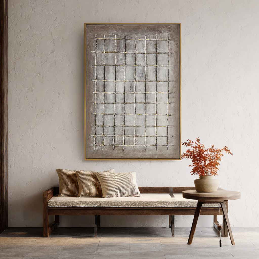 Ancient Grid – Modern Neutral Plaster Relief Grid Wabi-Sabi Painting | Japandi Organic Wabi-Sabi Living Room & Hallway Art