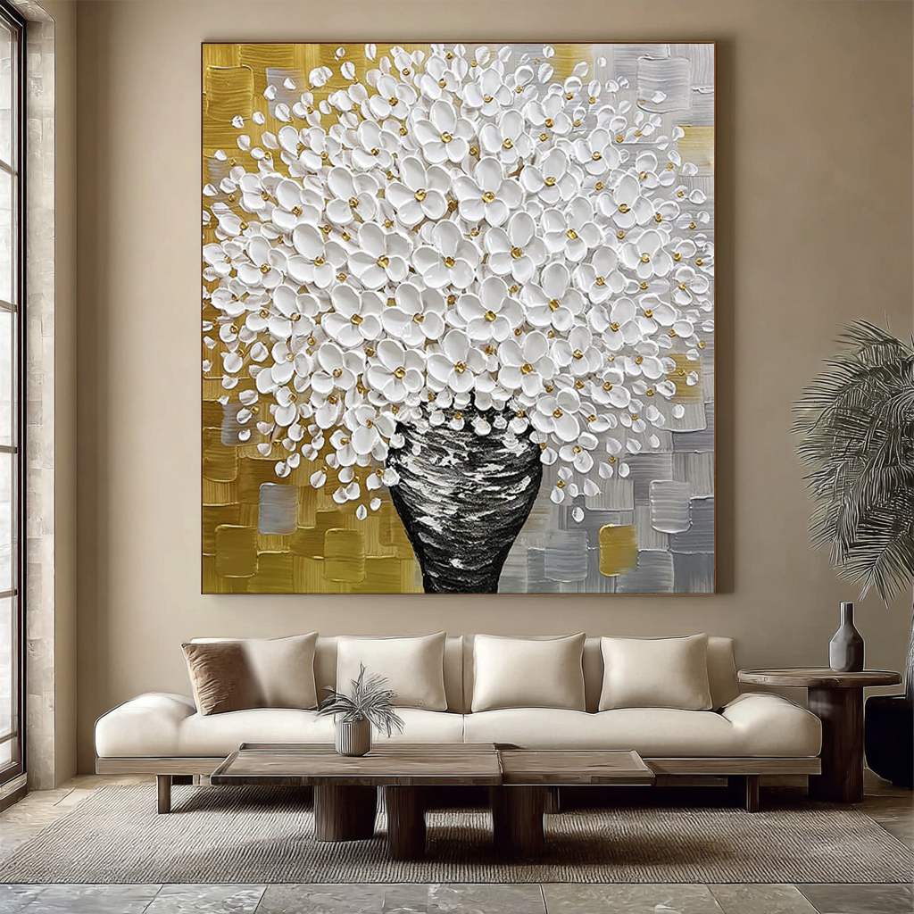 Golden Harvest – Luxury Gold and Grey Floral Relief Floral Painting | Modern Luxury Botanical Bedroom & Living Room Art