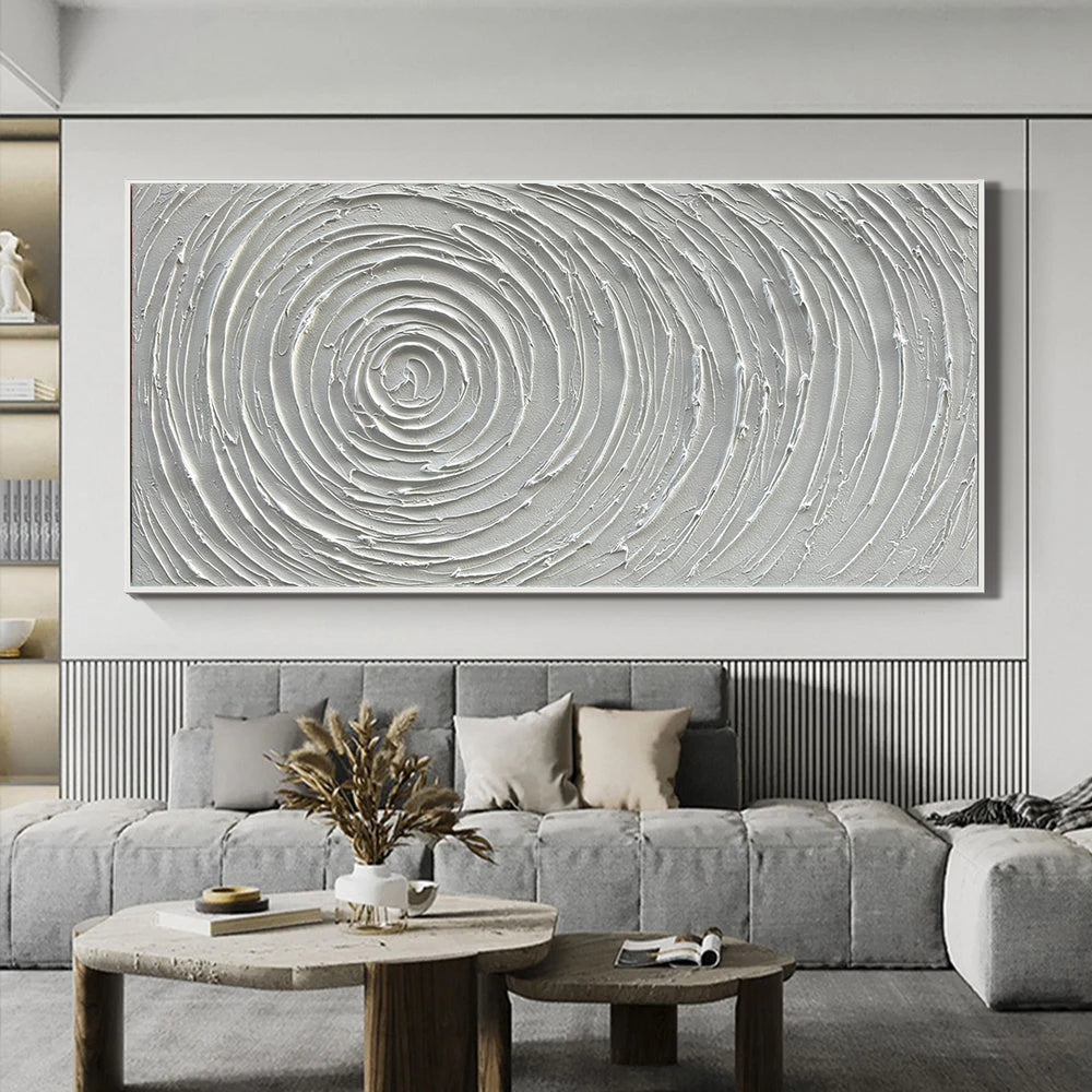 LUNAR RIPPLES: Panoramic 3D Plaster Texture Wall Art, Minimalist White Spiral Relief