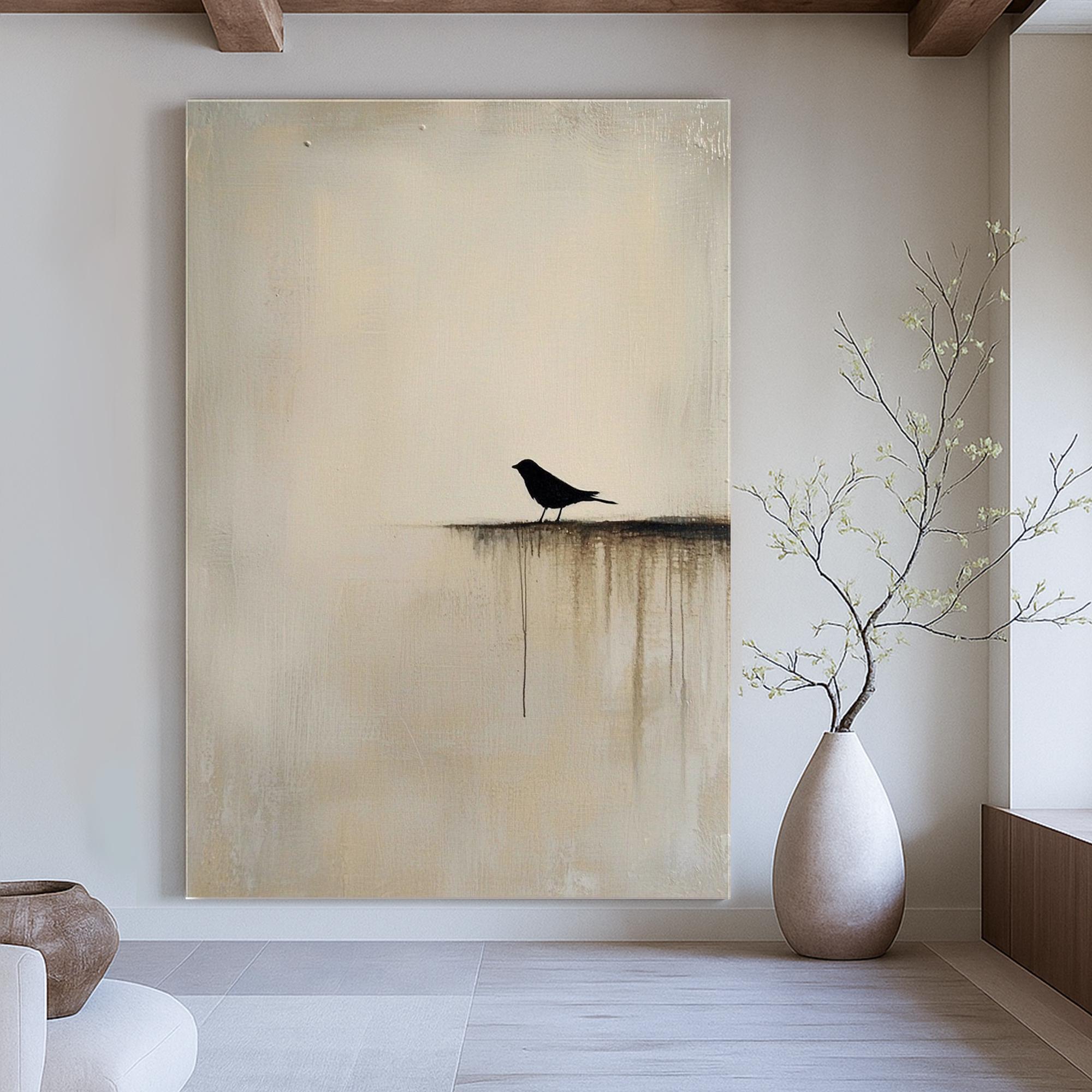 The Silent Roost – Wabi-Sabi Minimalist Solitary Bird Painting | Modern Warm Grey Home Office Art