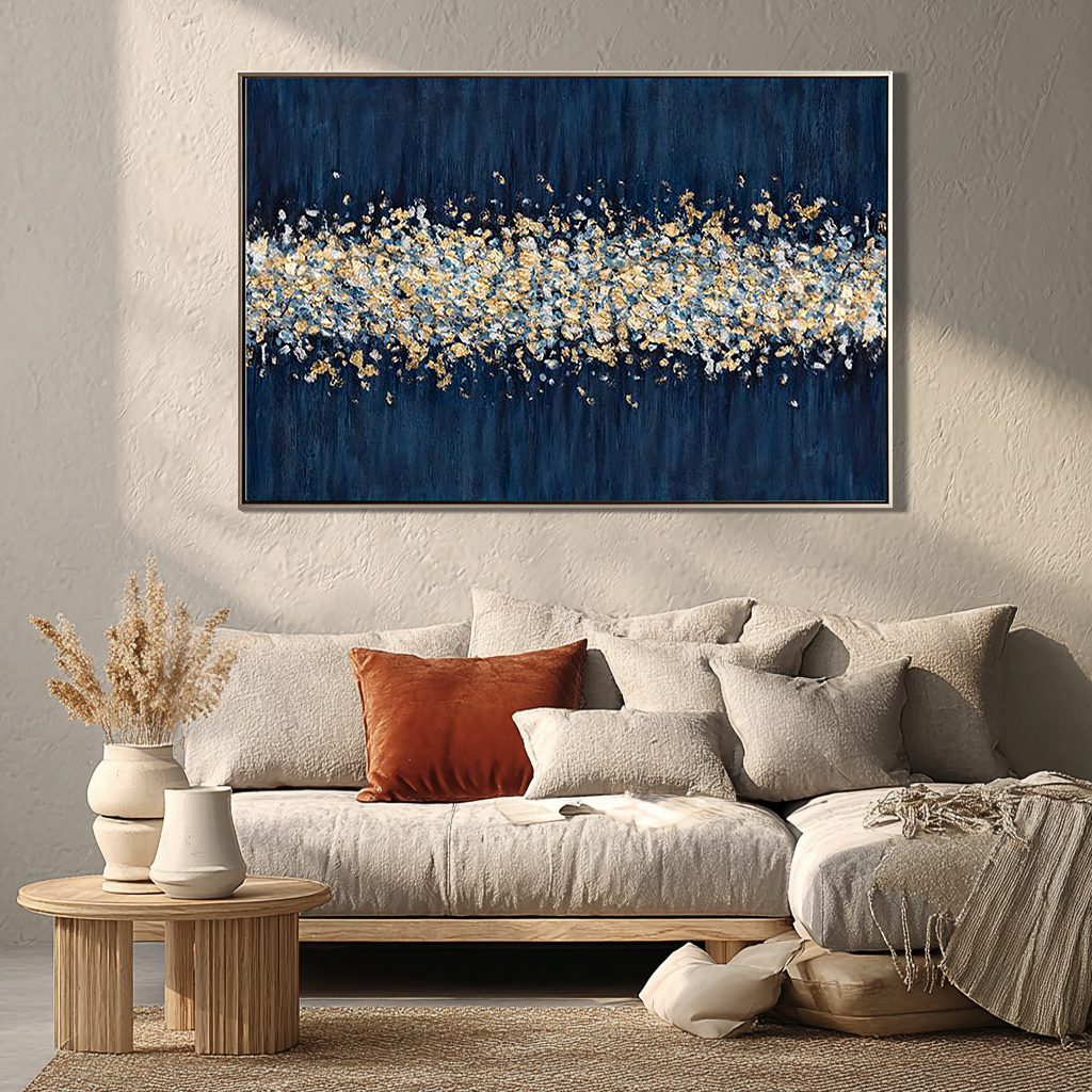 Celestial Tide – Hand-Painted Navy Blue and Gold Foil Abstract Texture Painting | Modern Abstract Living Room & Office Art