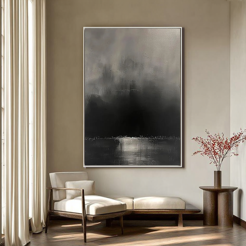 MYSTIC VOID: Minimalist Wall Art, Hand-Painted Charcoal Black and Grey Mist 3D Heavy Texture Plaster Effect Studio Art