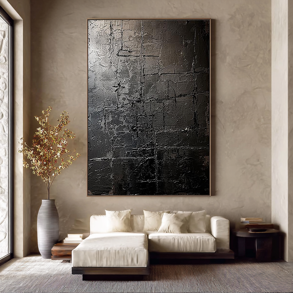Charcoal Vestige – Hand-Painted Distressed Black Plaster Relief Wabi-Sabi Painting | Modern Noir Wabi-Sabi Living Room & Home Office Art