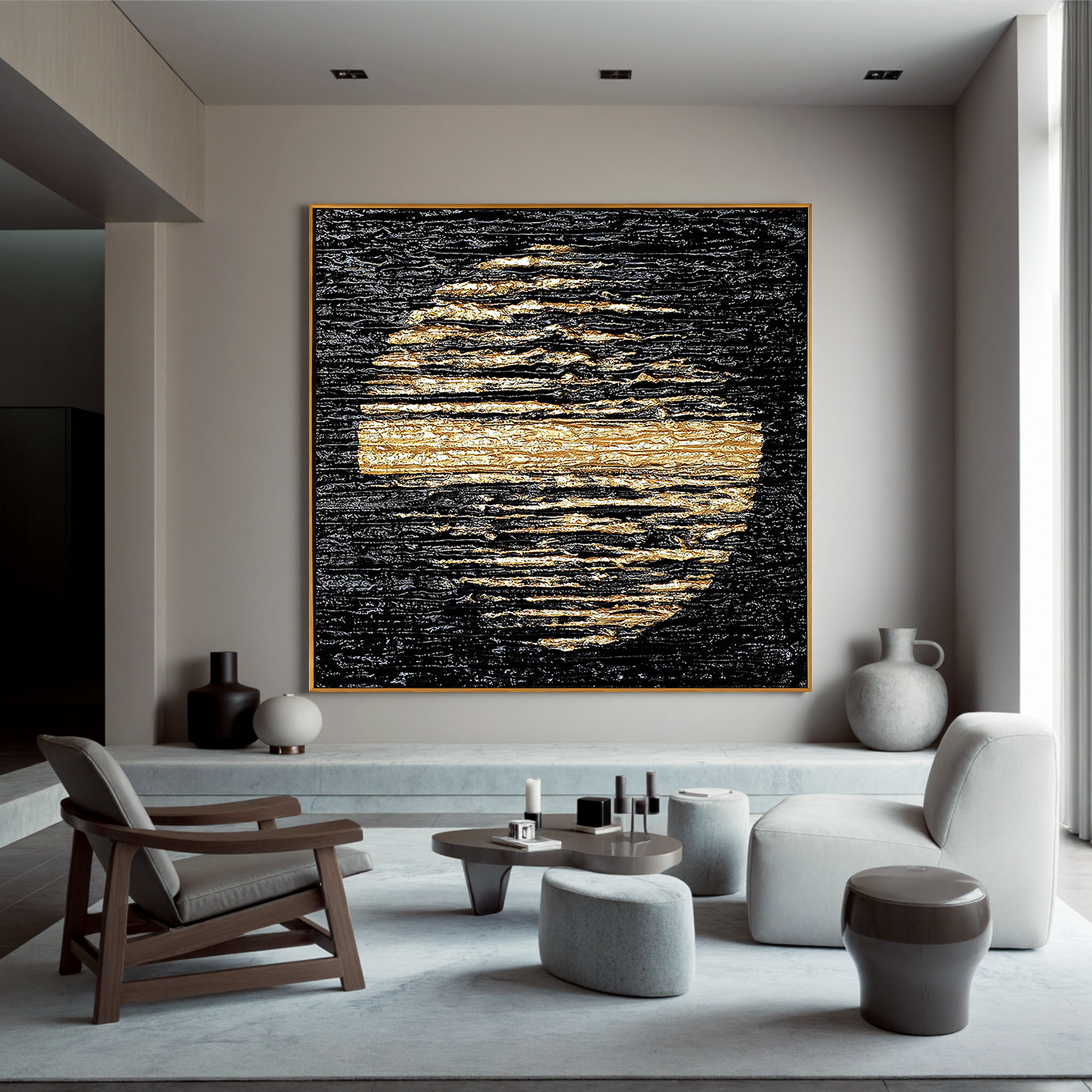 Lunar Glow – Modern Black and Gold Textured Painting | Abstract Luxury Dining Room Art