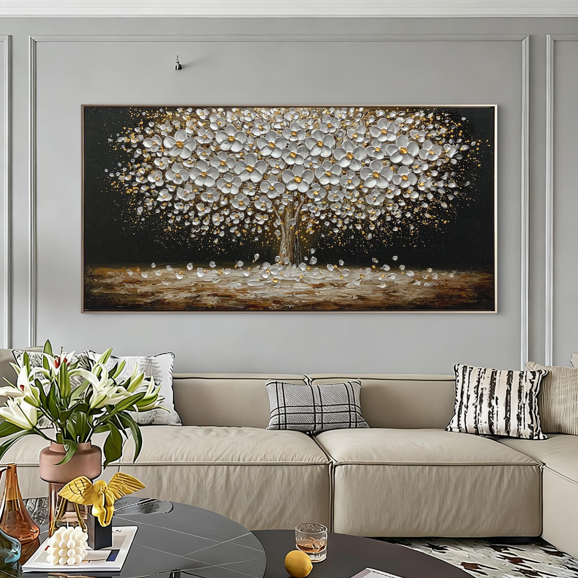 Golden Glow – Black and Gold Flower Tree Floral Painting | Modern Luxury Botanical Bedroom & Living Room Art