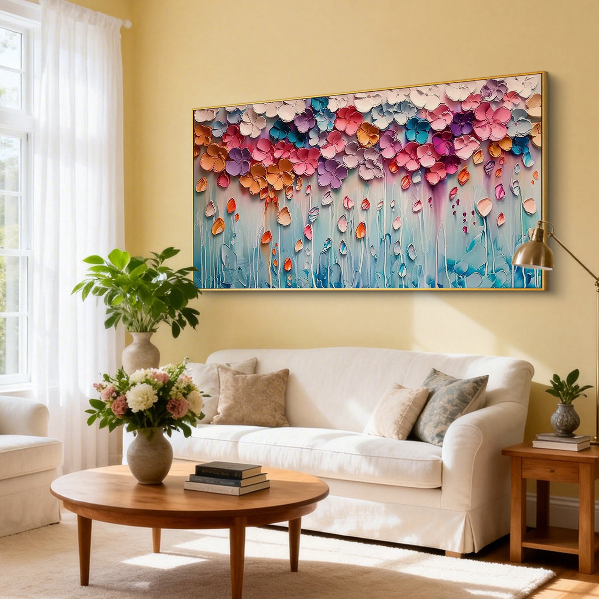 Dreamy Floral Rain – Modern Vibrant Impasto Pastel Flowers Painting | Healing Romantic Living Room Art