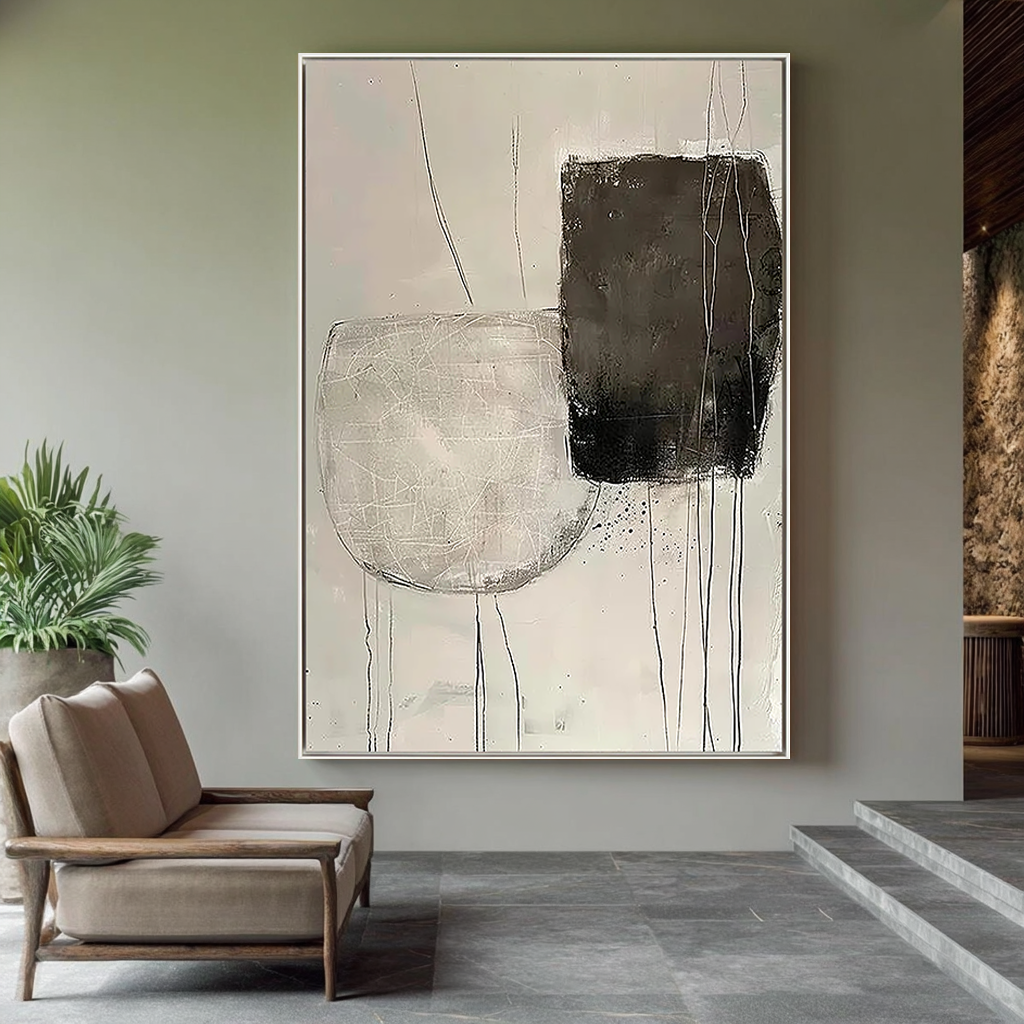 Zen Balance – Hand-Painted Minimalist Black and Grey Plaster Effect Abstract Wabi-Sabi Painting | Japandi Wabi-Sabi Living Room & Bedroom Art
