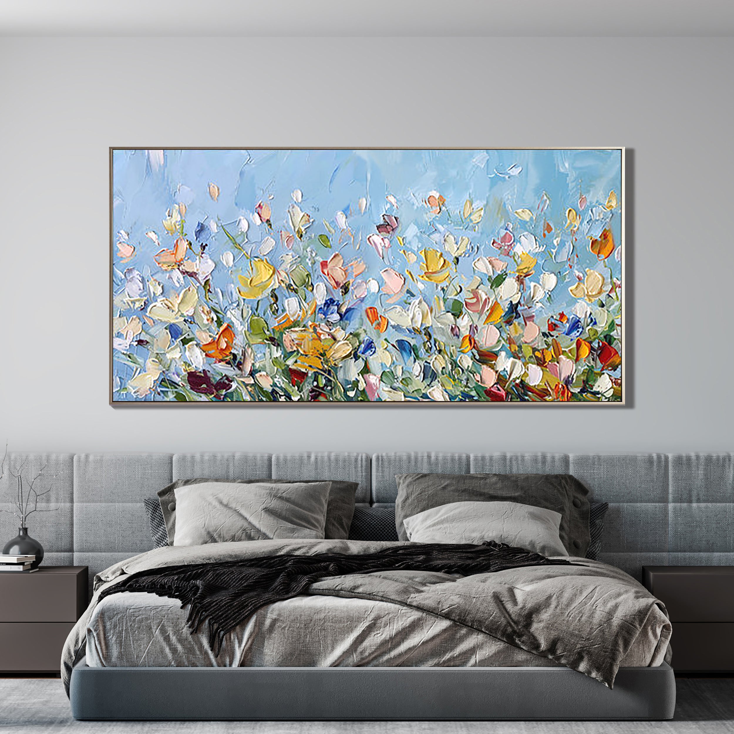 Azure Meadow – Hand-Painted Wildflower Field Impressionist Palette Knife Floral Painting | Contemporary Botanical Bedroom & Living Room Art