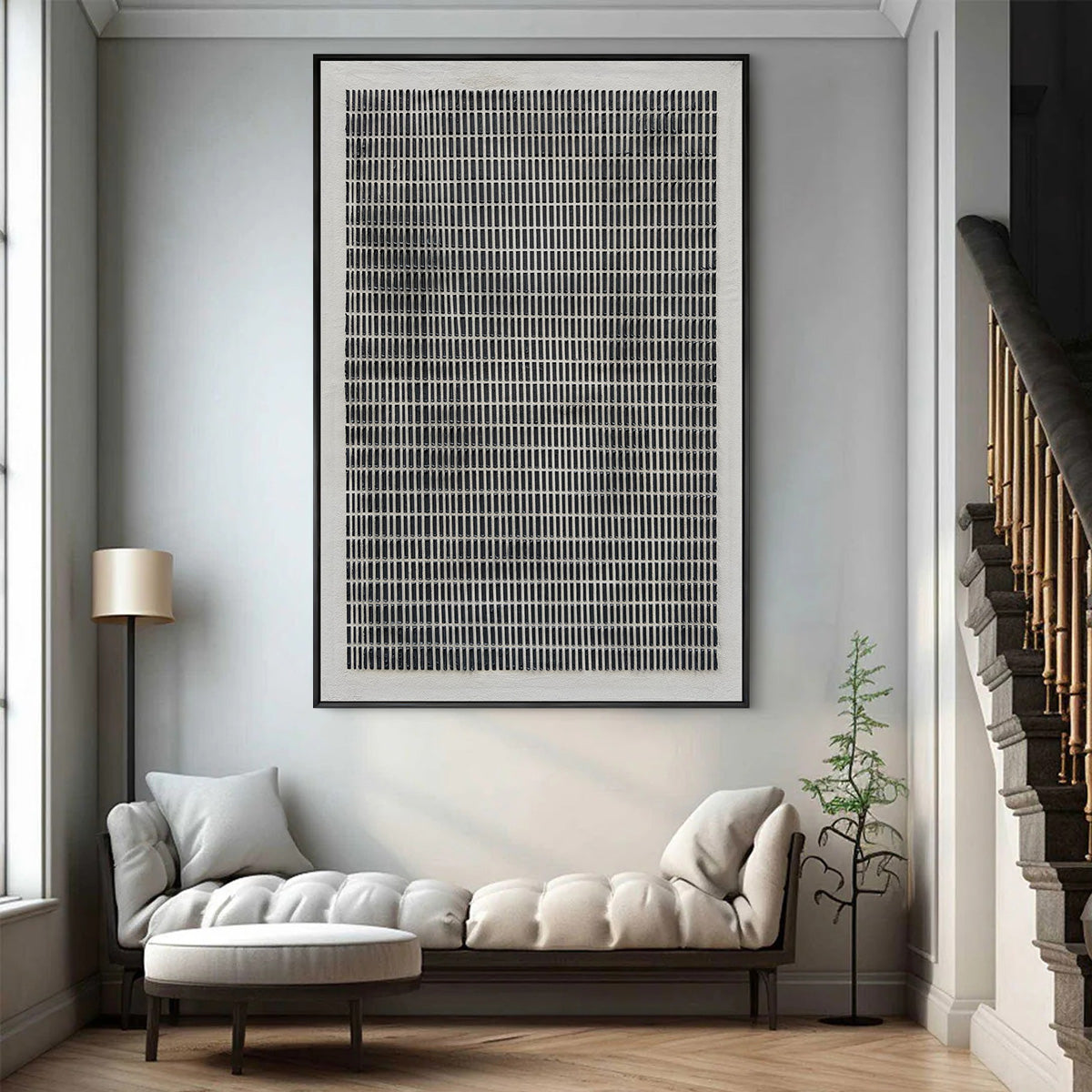 Grid Zen – Wabi-Sabi Geometric Matrix Minimalist Painting | Modern Noir Wabi-Sabi Living Room & Home Office Art