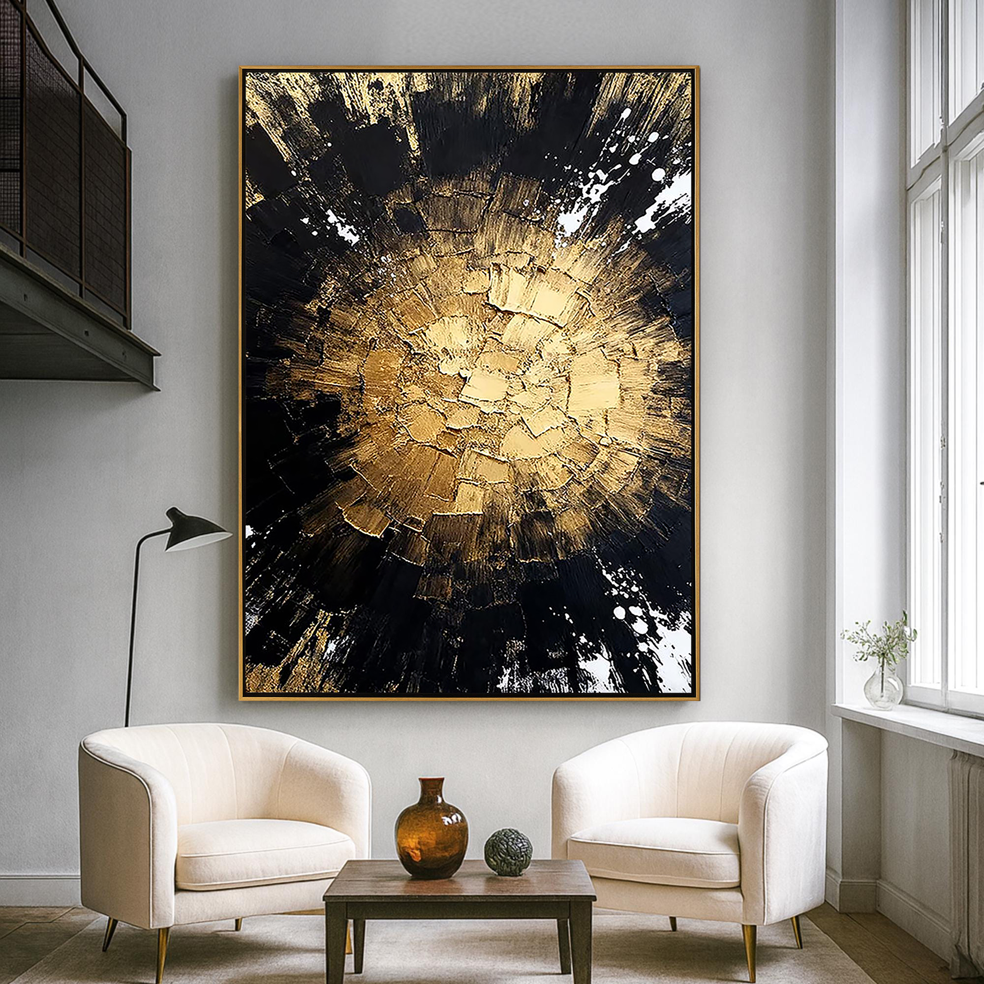 Cosmic Dawn – Modern Luxury Gold & Black Heavy Textured Painting | Premium Abstract Living Room Art