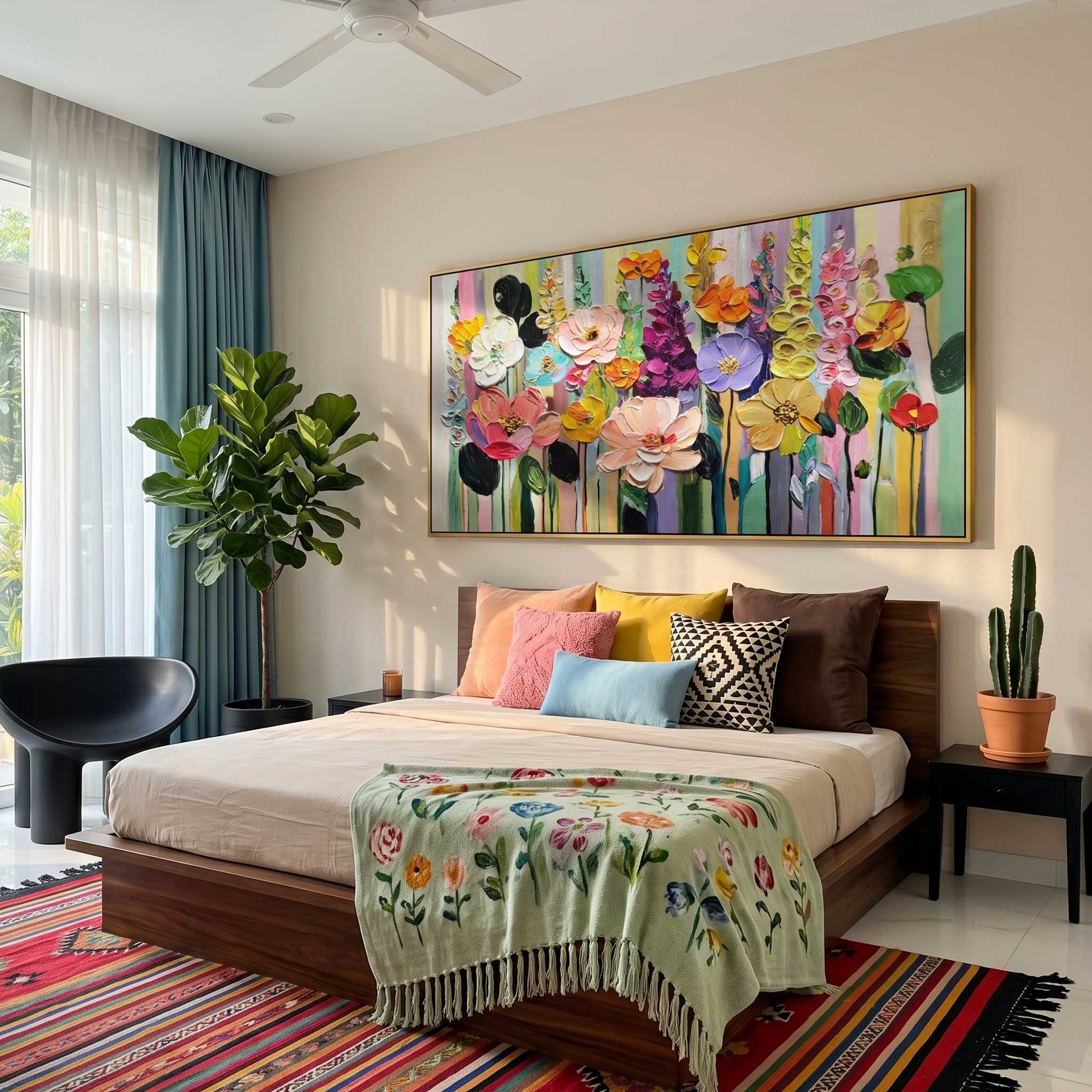 Dopamine Garden – Modern Impasto Colorful Wildflower Canvas | Joyful Living Room Wall Art