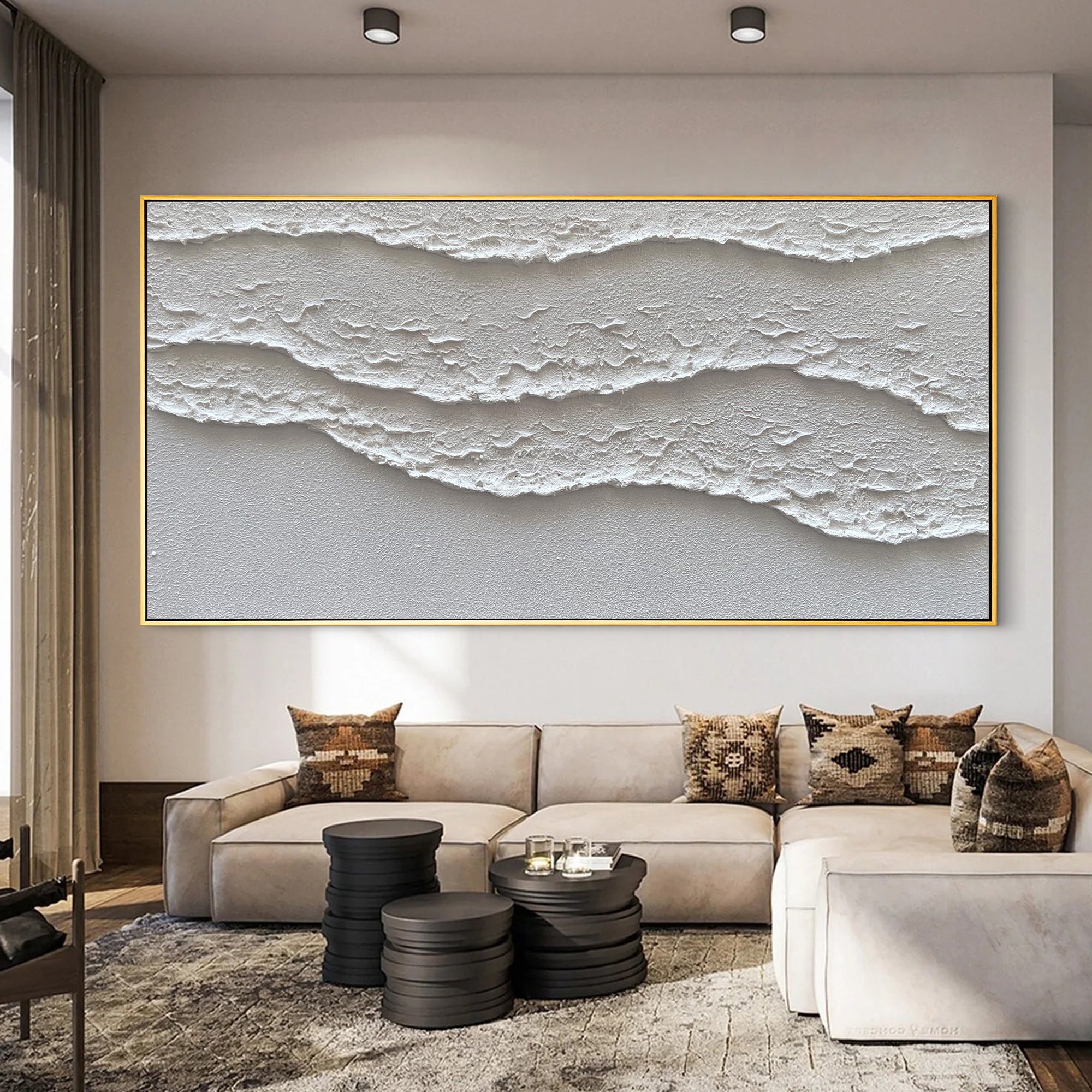 White Crest – 3D Linear Wave Relief Abstract Minimalist Painting | Modern Minimalist Bedroom & Home Office Art