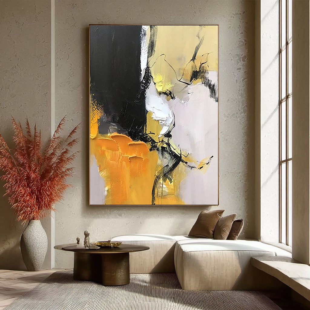 Amber Energy – Hand-Painted Bold Yellow and Black Palette Knife Abstract Painting | Bold Abstract Palette Knife Living Room Art