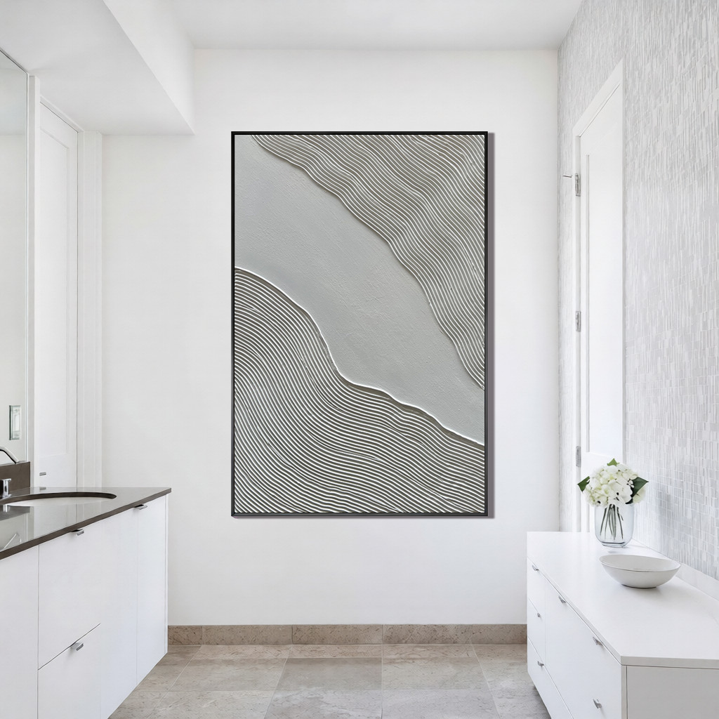 Silent Ripples – Wabi-sabi Linear Texture Painting | Minimalist Grey 3D Relief Hallway Art