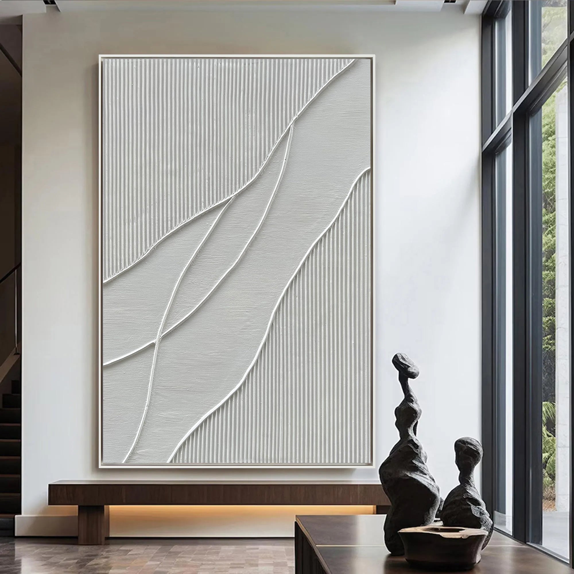 LINEAR SILENCE: Modern 3D Linear Plaster Wall Art, Minimalist Wave Relief Painting