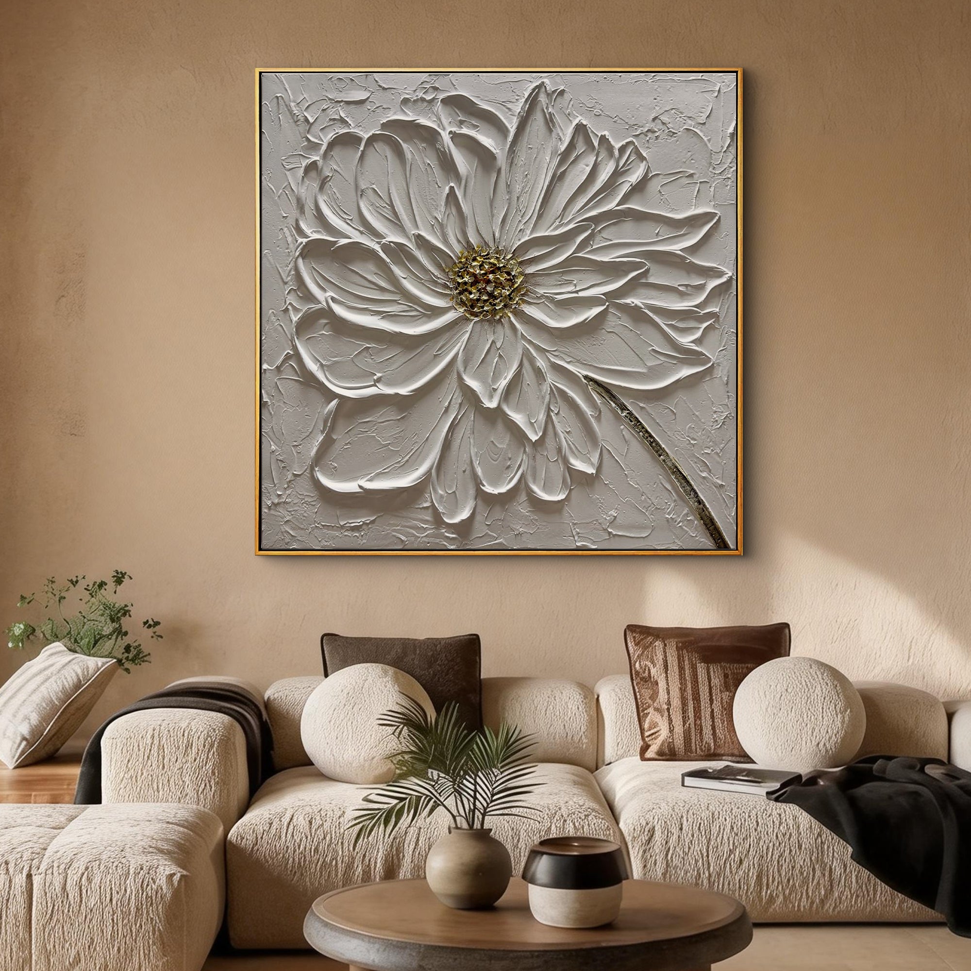 Floral Zenith – Heavy Impasto White Petal Relief Floral Painting | Contemporary Botanical Bedroom & Living Room Art