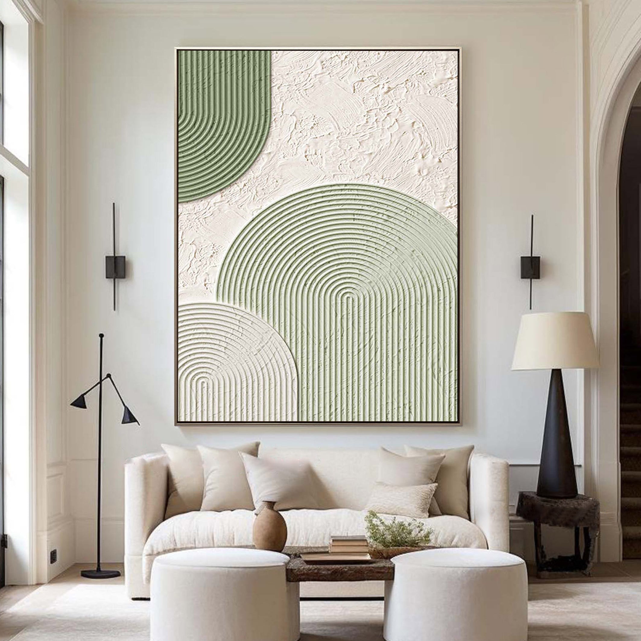 ZEN RADIANCE: Wabi-sabi Linear Arch Art, 3D Textured Sage Green Geometric Painting