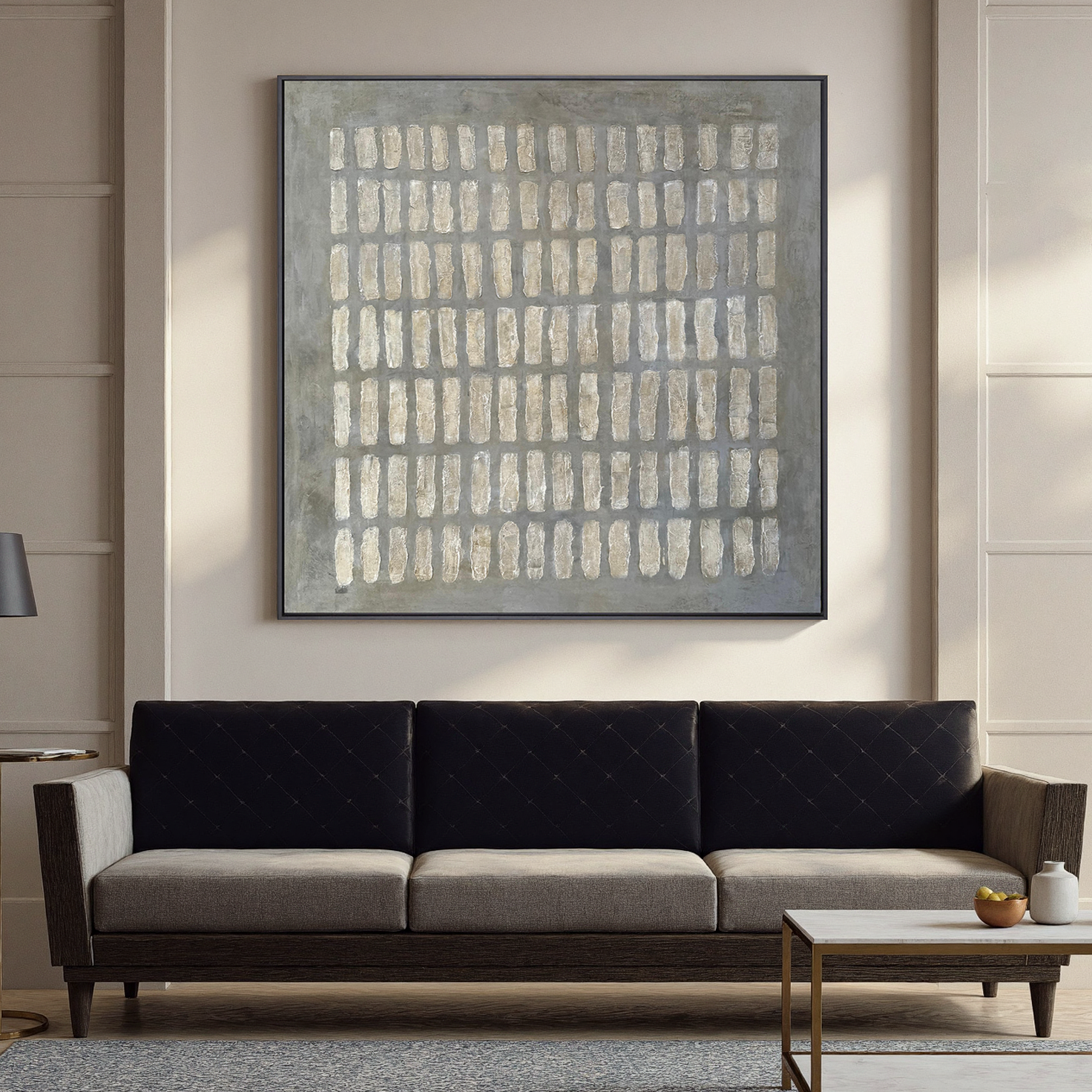 Stone Echo – Wabi-Sabi Slate Grey Minimalist Grid Painting | Modern Geometric Textured Hallway Art