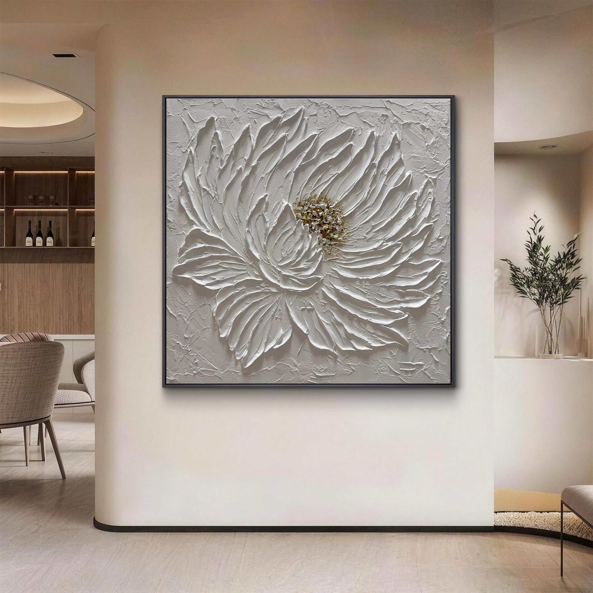 Blossom Elegance – White Flower Relief with Gold Accents Texture Painting | Modern Luxury Botanical Bedroom & Living Room Art