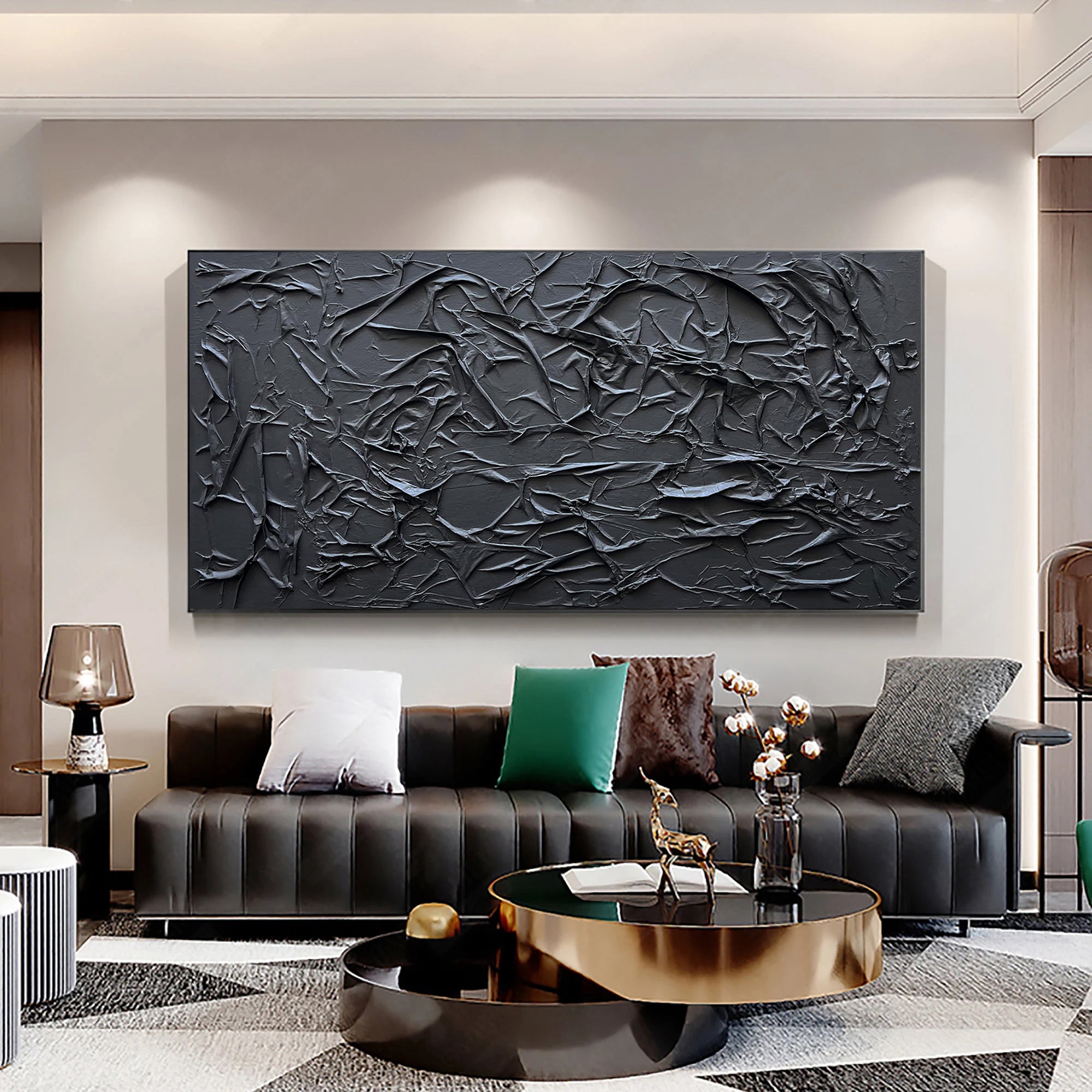 Onyx Ridge – Modern Obsidian Plaster Relief Abstract Painting | Industrial Abstract Home Office & Living Room Art