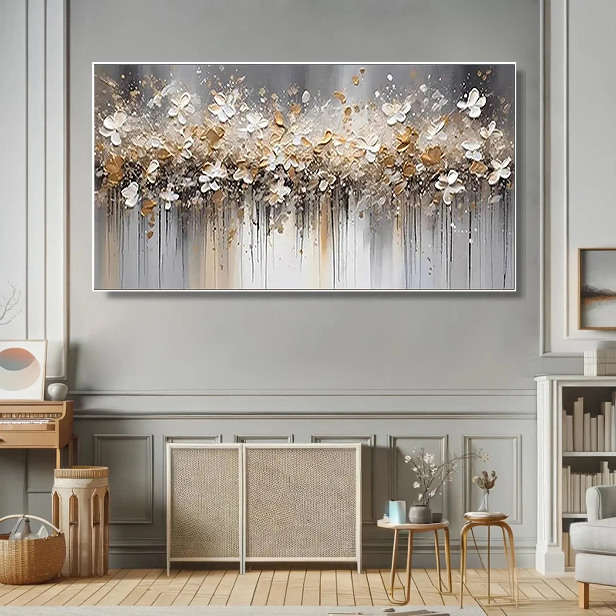 GOLDEN ELEGANCE: Floral Wall Art, luxury Gold Foil White Blossom Hand-Painted Textured Gallery Art