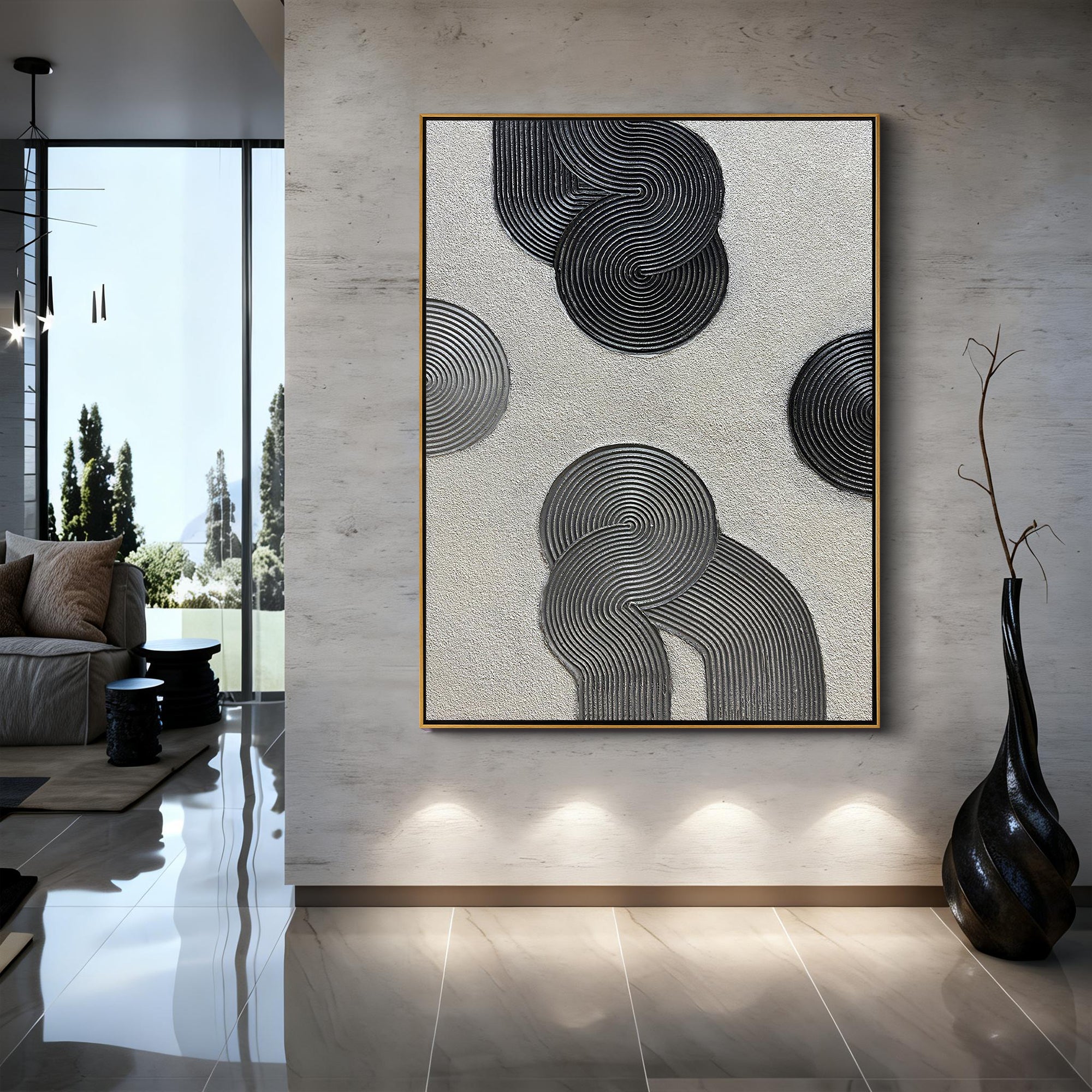Cosmic Balance – Minimalist Black & Gray 3D Linear Geometric Art | Modern Textured Living Room Art