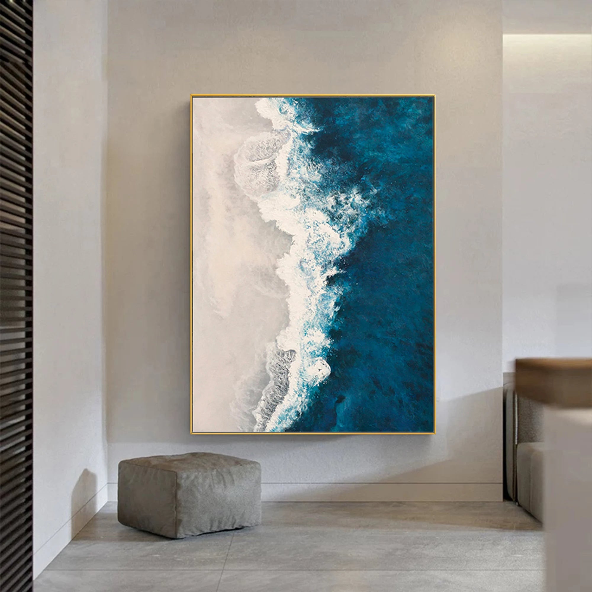 Ocean Surge – Hand-Painted Deep Navy Blue Sea Foam Aerial View Nature Painting | Coastal Modern Living Room & Bedroom Art