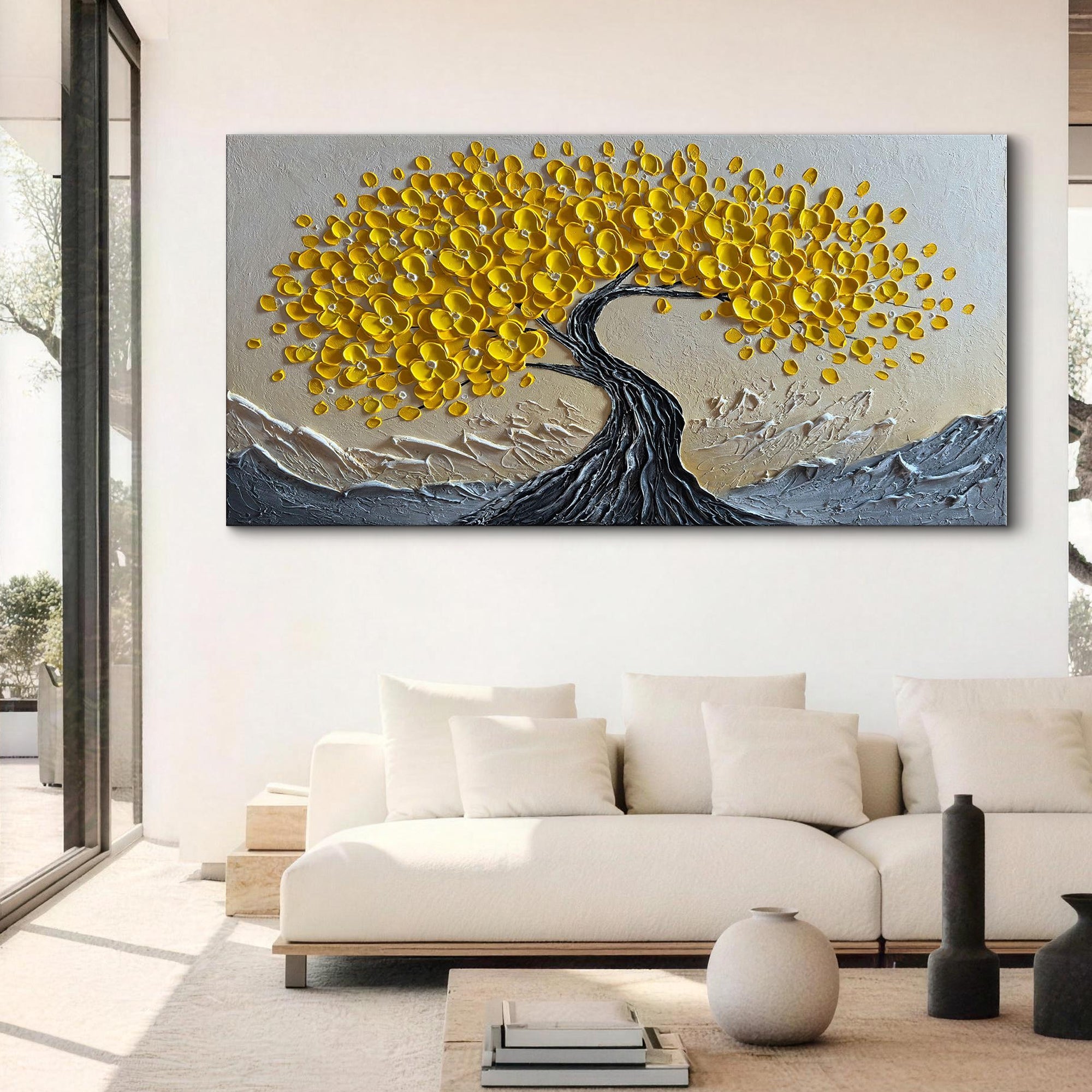 Golden Vigor – Yellow Flower Relief Texture Painting | Modern Luxury Botanical Bedroom & Living Room Art