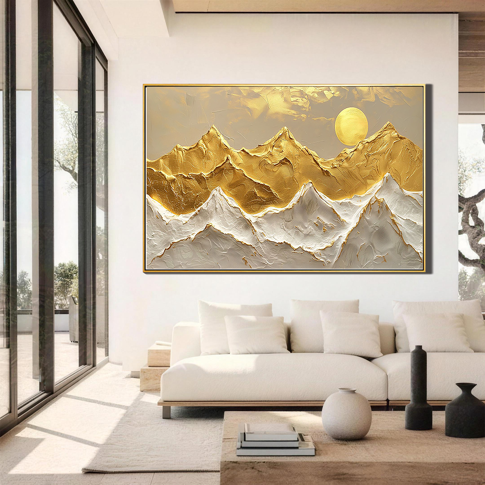 Golden Peaks – Gold Leaf Abstract Landscape Texture Painting | Contemporary Mountain Living Room & Home Office Art