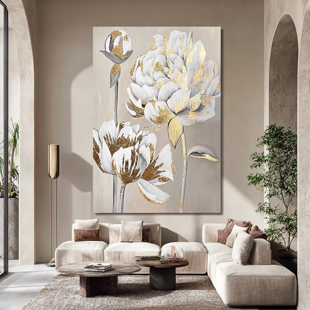 GOLDEN PEONY: Floral Wall Art, Hand-Painted Off-White and Gold Foil 3D Relief Plaster Effect Gallery Art