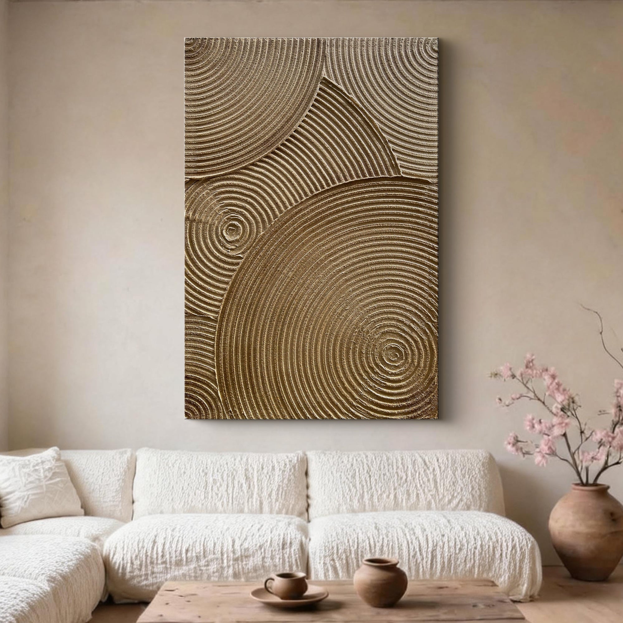 Ripples of Time – Wabi-Sabi Warm Gold Concentric Line Art | Modern Textured Living Room Art