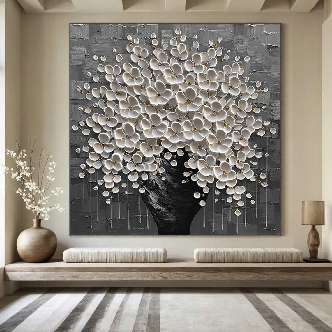 Silver Bloom – Luxury Monochrome Tree Relief Floral Painting | Minimalist Botanical Bedroom & Living Room Art