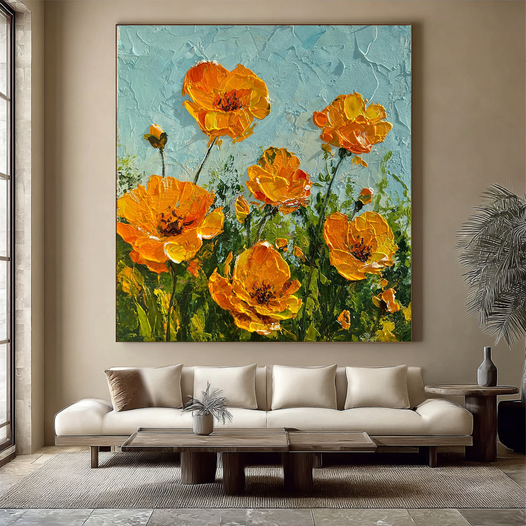 Amber Sunshine – Modern Impasto Orange Floral Oil Painting | Creative Textured Wildflower Hallway Art