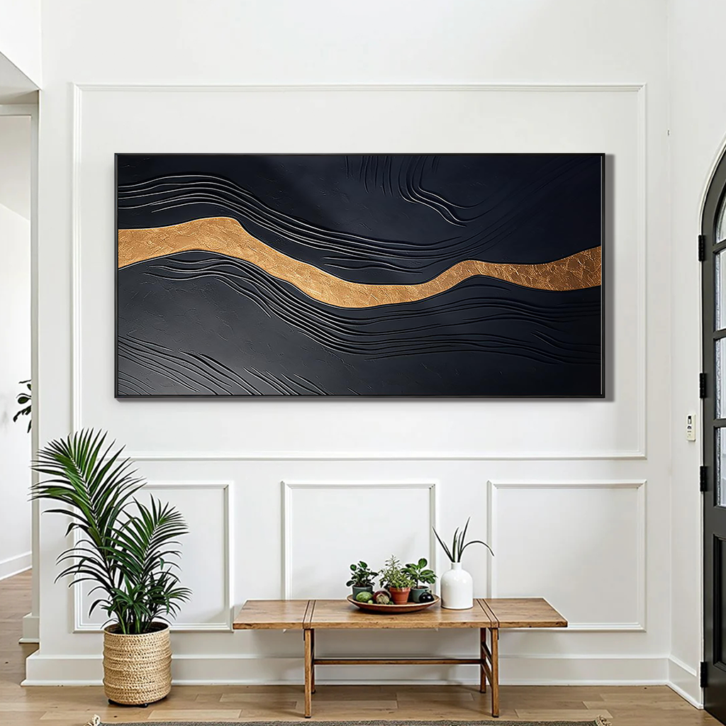 GOLDEN VEIN: Abstract Wall Art, Hand-Painted Dark Grey and Gold Foil Modern Luxury Textured Gallery Art