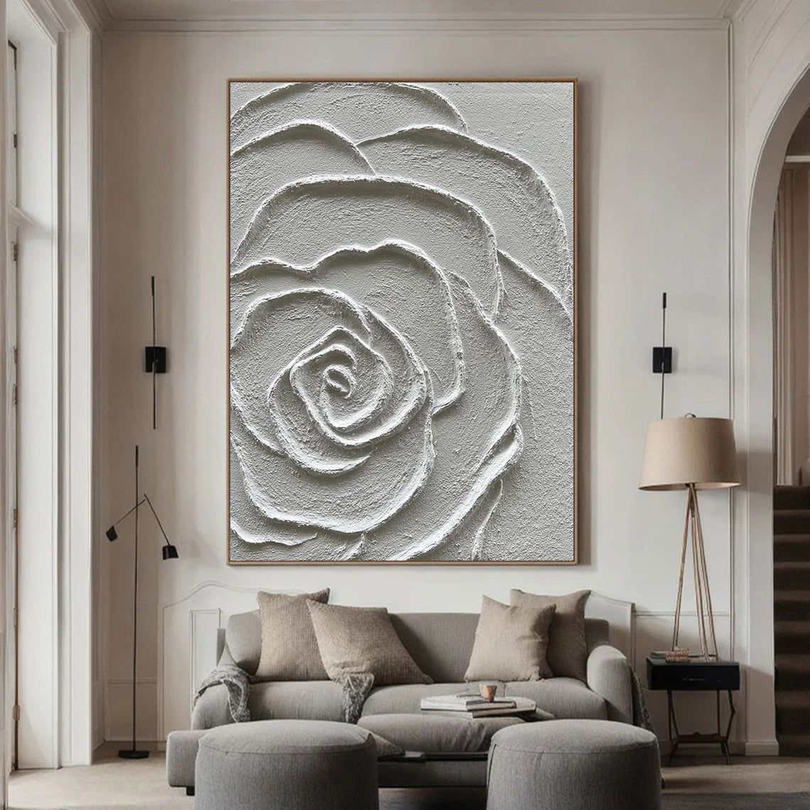 Petal Sculpture – 3D White Rose Relief Minimalist Painting | Contemporary Botanical Bedroom & Living Room Art