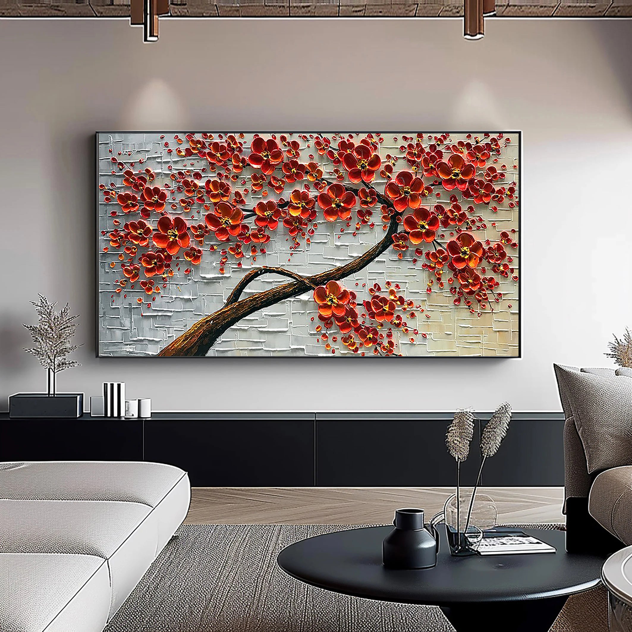 Crimson Blossom – Red Flower Tree Relief Floral Painting | Contemporary Botanical Bedroom & Living Room Art