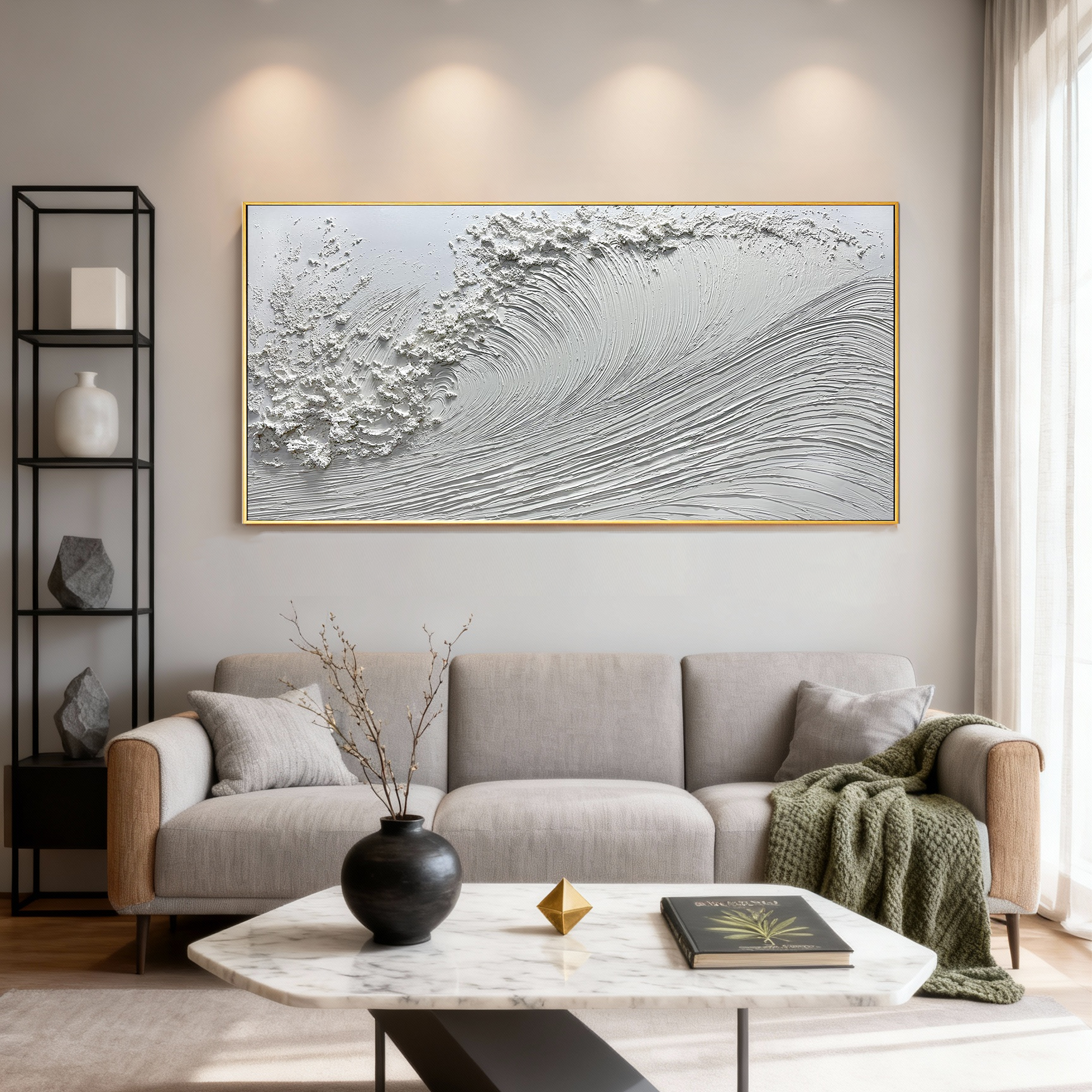 WHITE CREST: Panoramic 3D Plaster Texture Wave Wall Art, Modern Ocean Relief Painting