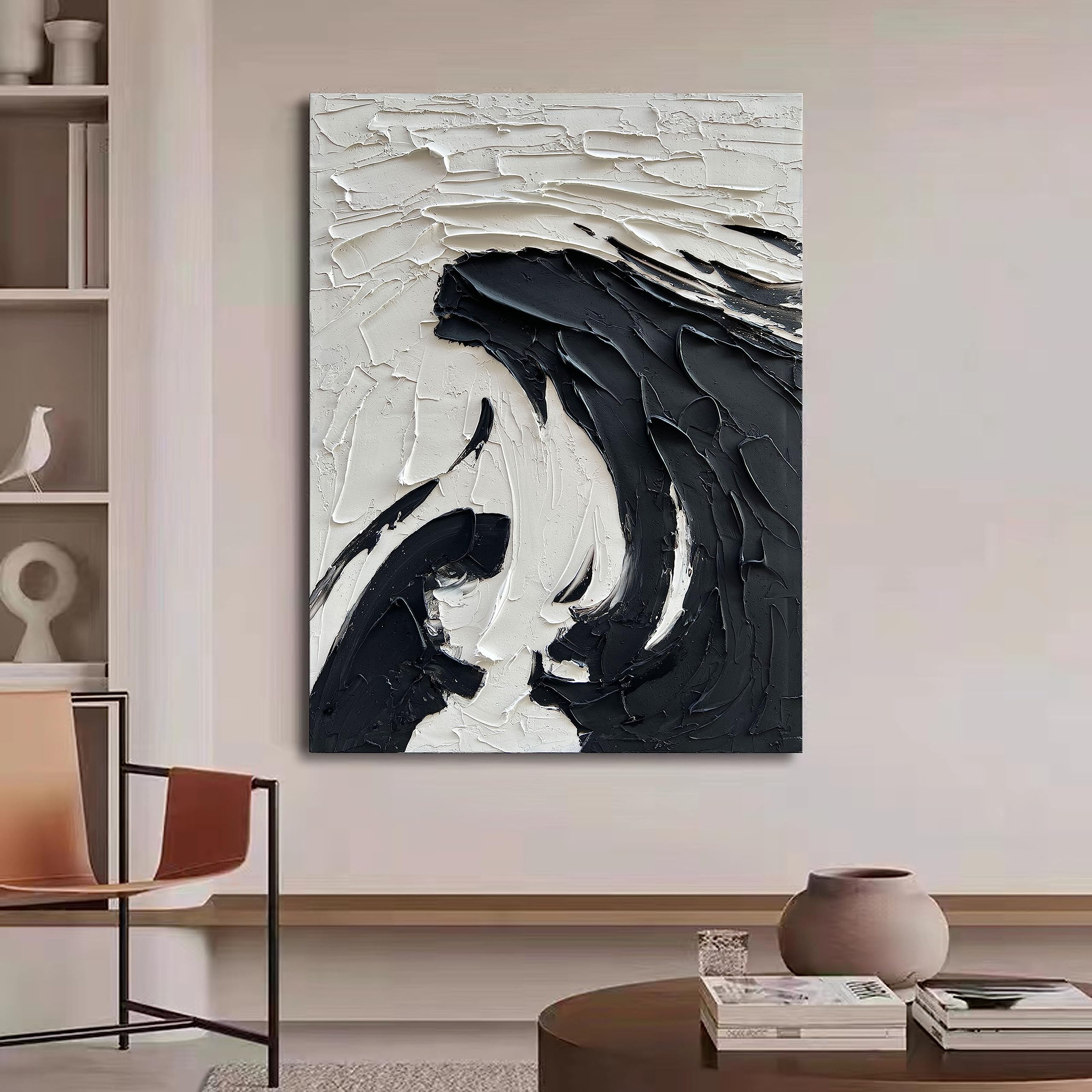 Noir Swirl – Black and White Plaster Relief Abstract Painting | Industrial Abstract Home Office & Living Room Art